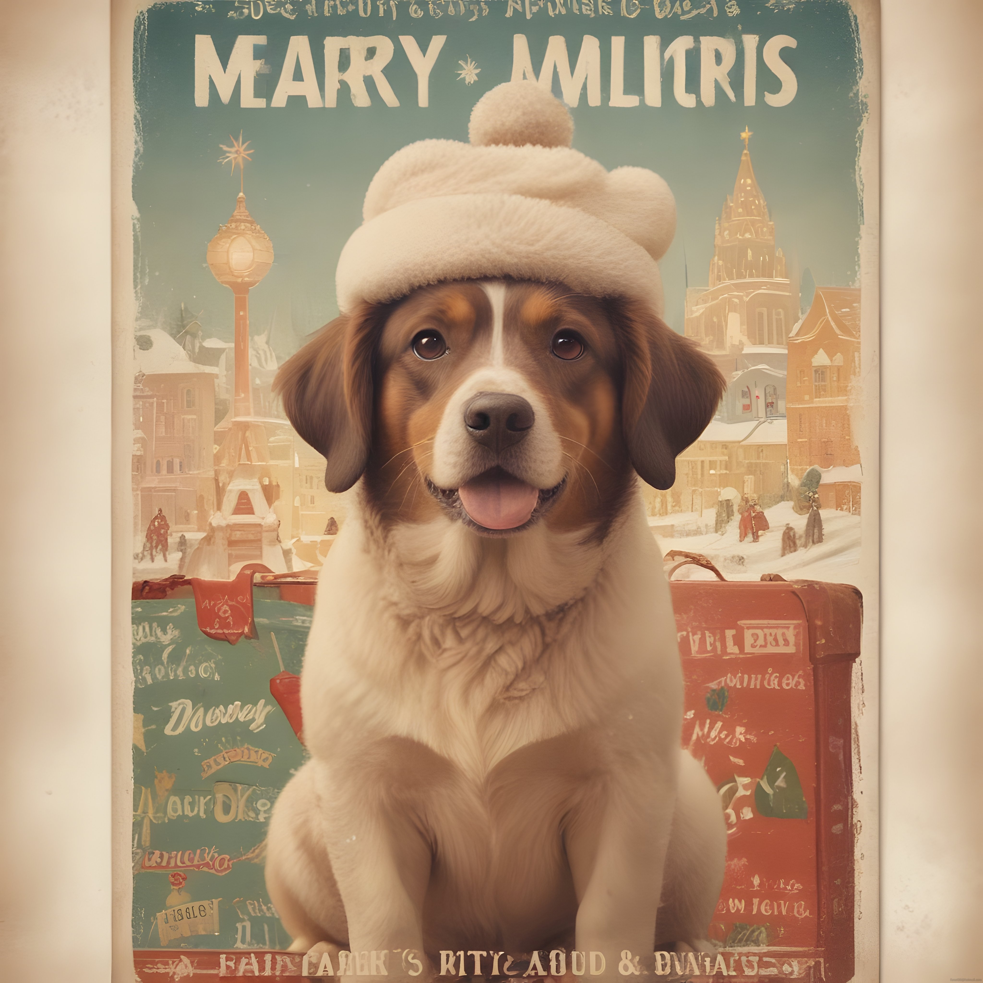Karlı Avrupa Şehrinde Kış Şapkalı Sevimli Köpek Nostaljik Posteri