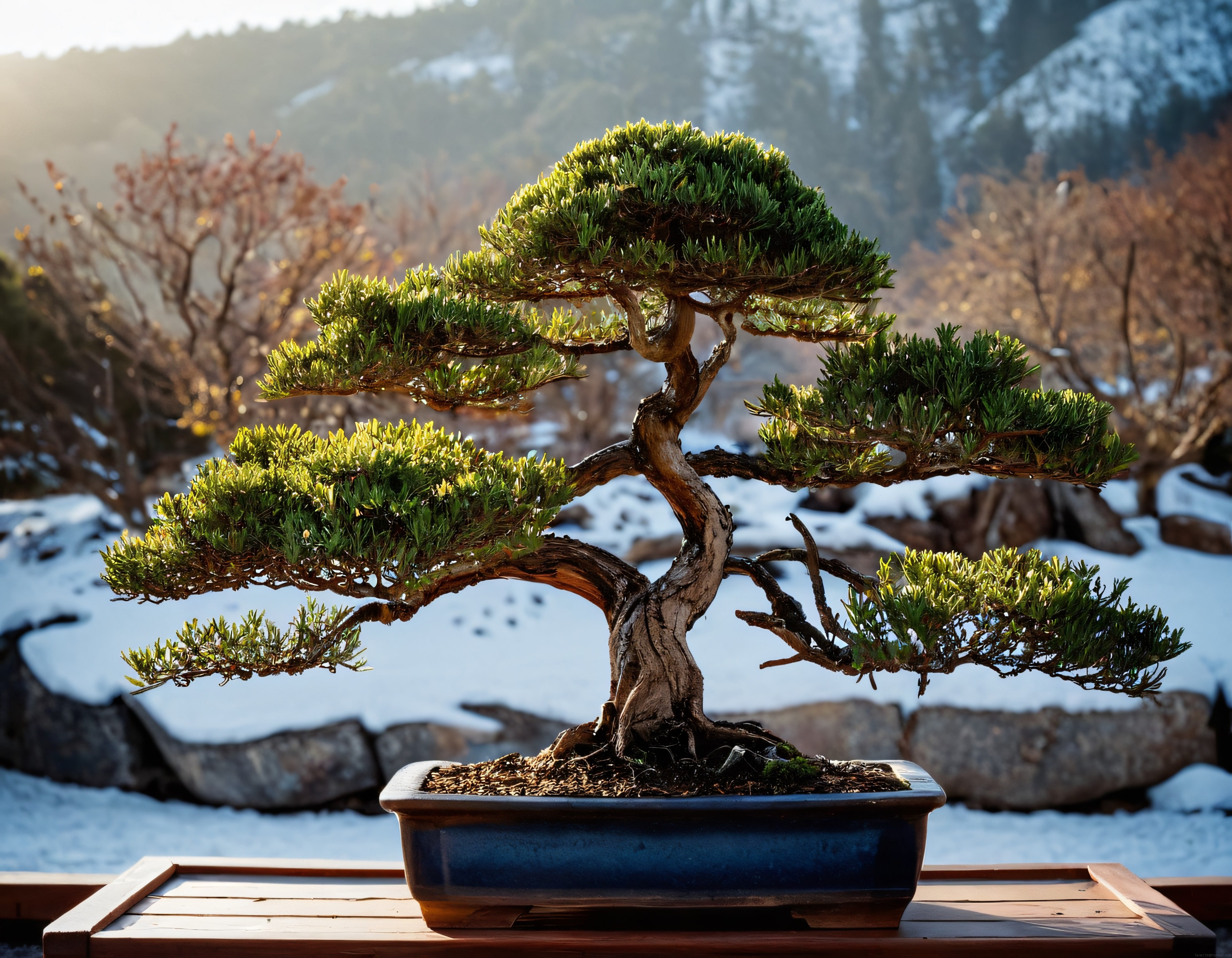 Karlı Bahçede Geleneksel Japon Bonsai Ağacı ve Dağ Manzaralı Kış Atmosferi