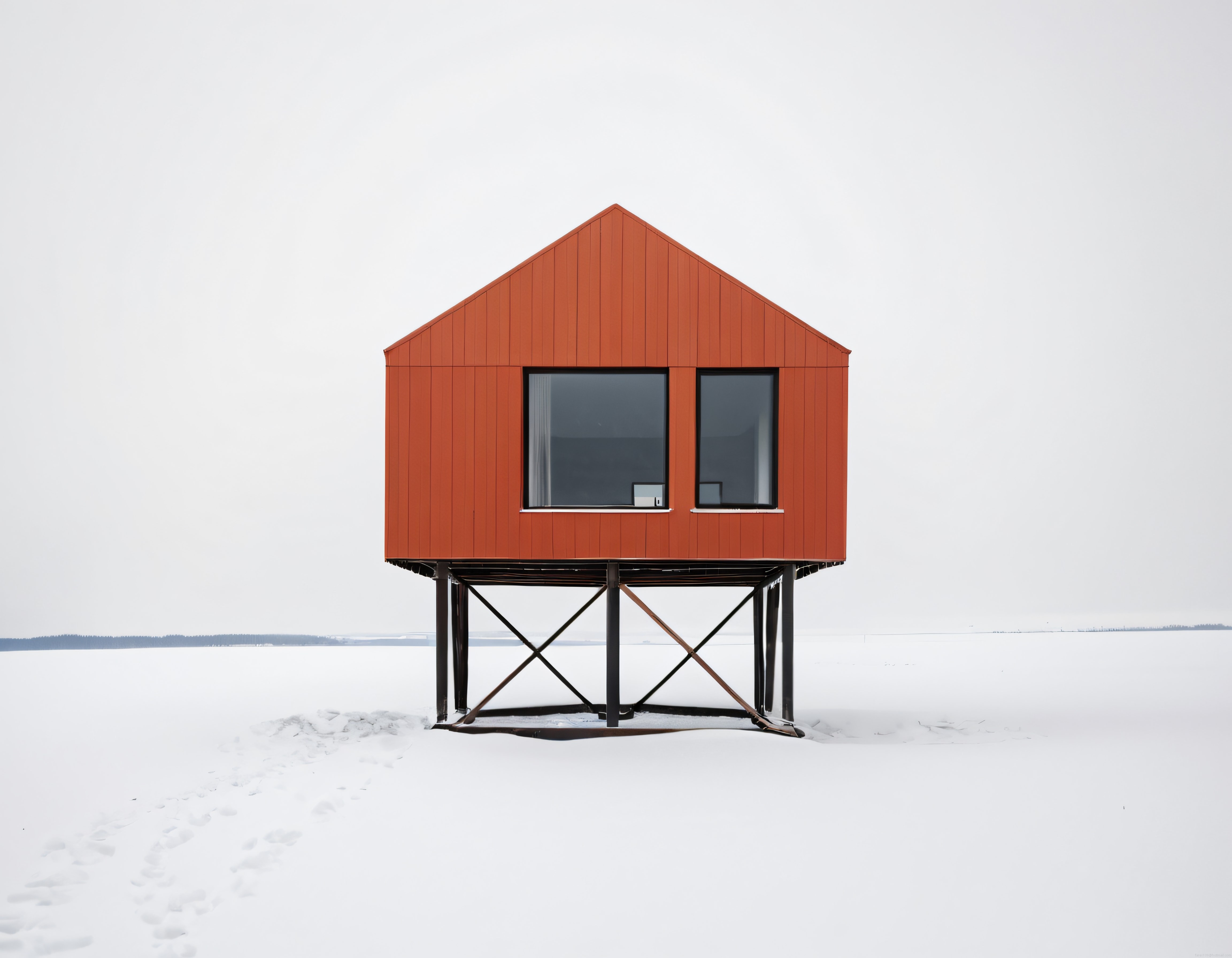 Karlı Beyaz Arazinin Üzerindeki Kırmızı Kulübe: Modern Minimalist Dağ Evi
