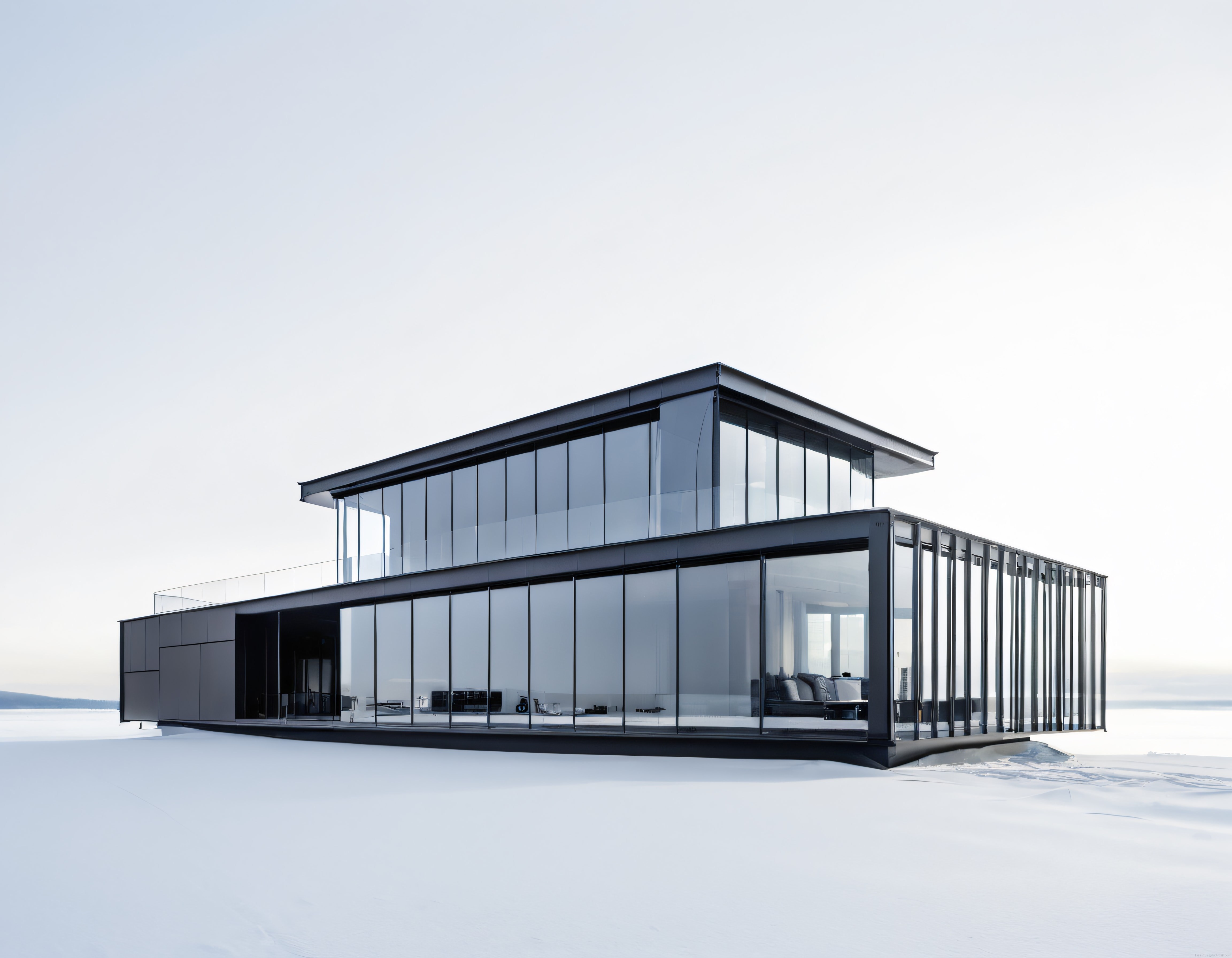 Karlı Beyaz Bir Arazide Cam ve Çelikten Oluşan Modern Minimalist Villa