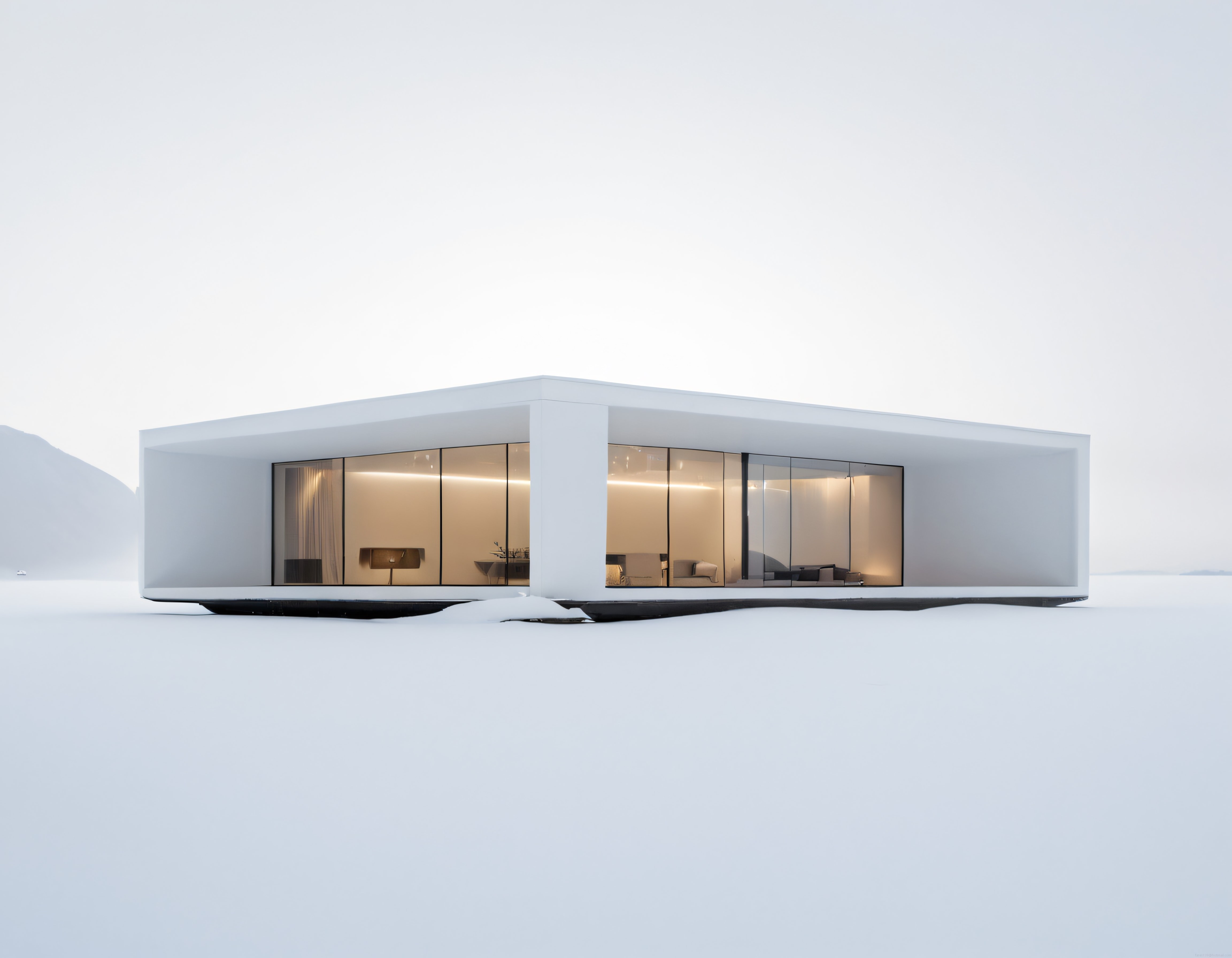 Karlı Beyaz Bir Doğanın İçinde Gömülü, Sıcak Işıklı Minimalist Modern Villa