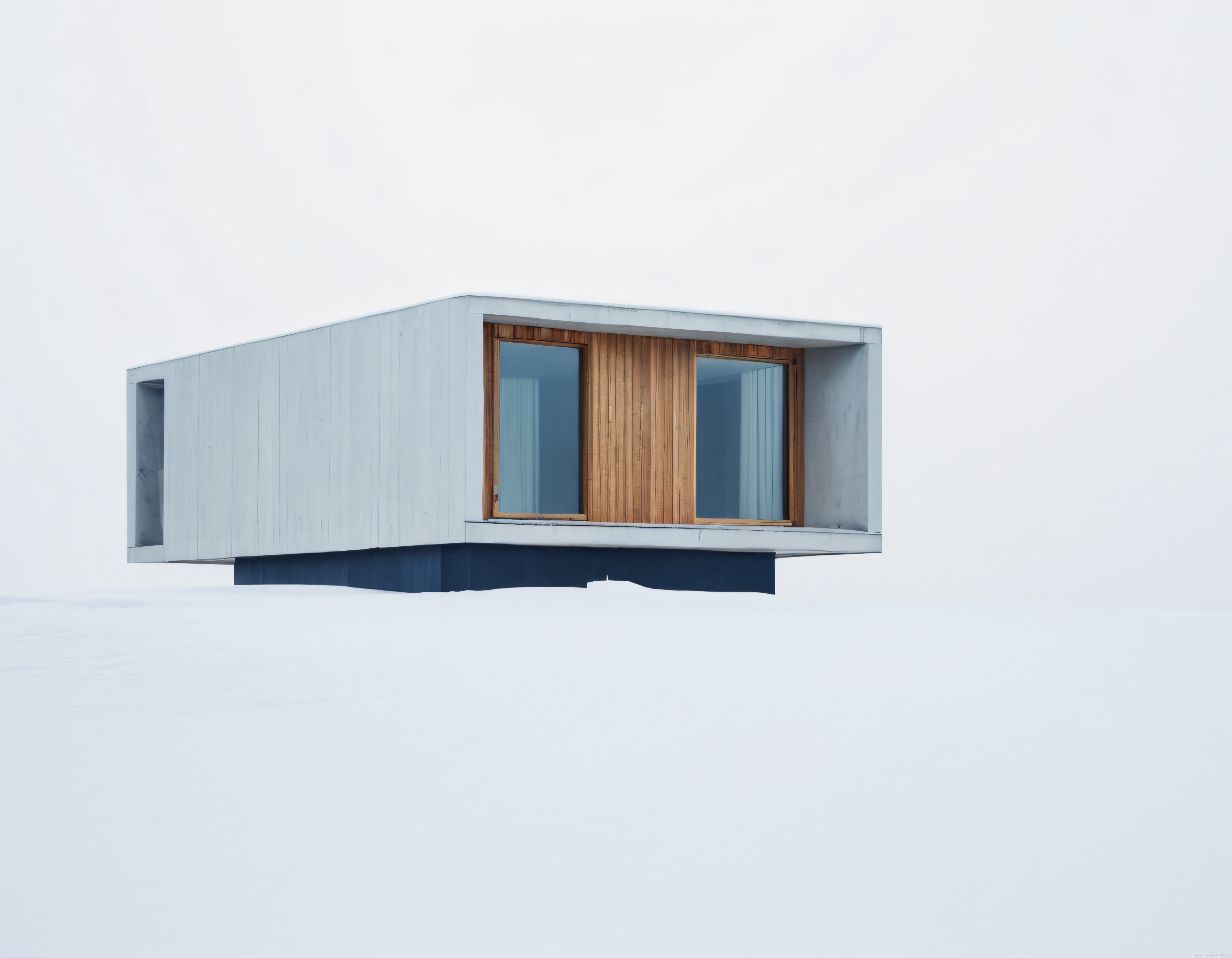 Karlı Beyazlanmış Arazide Asılı Duran Modern Minimalist Ev Tasarımı