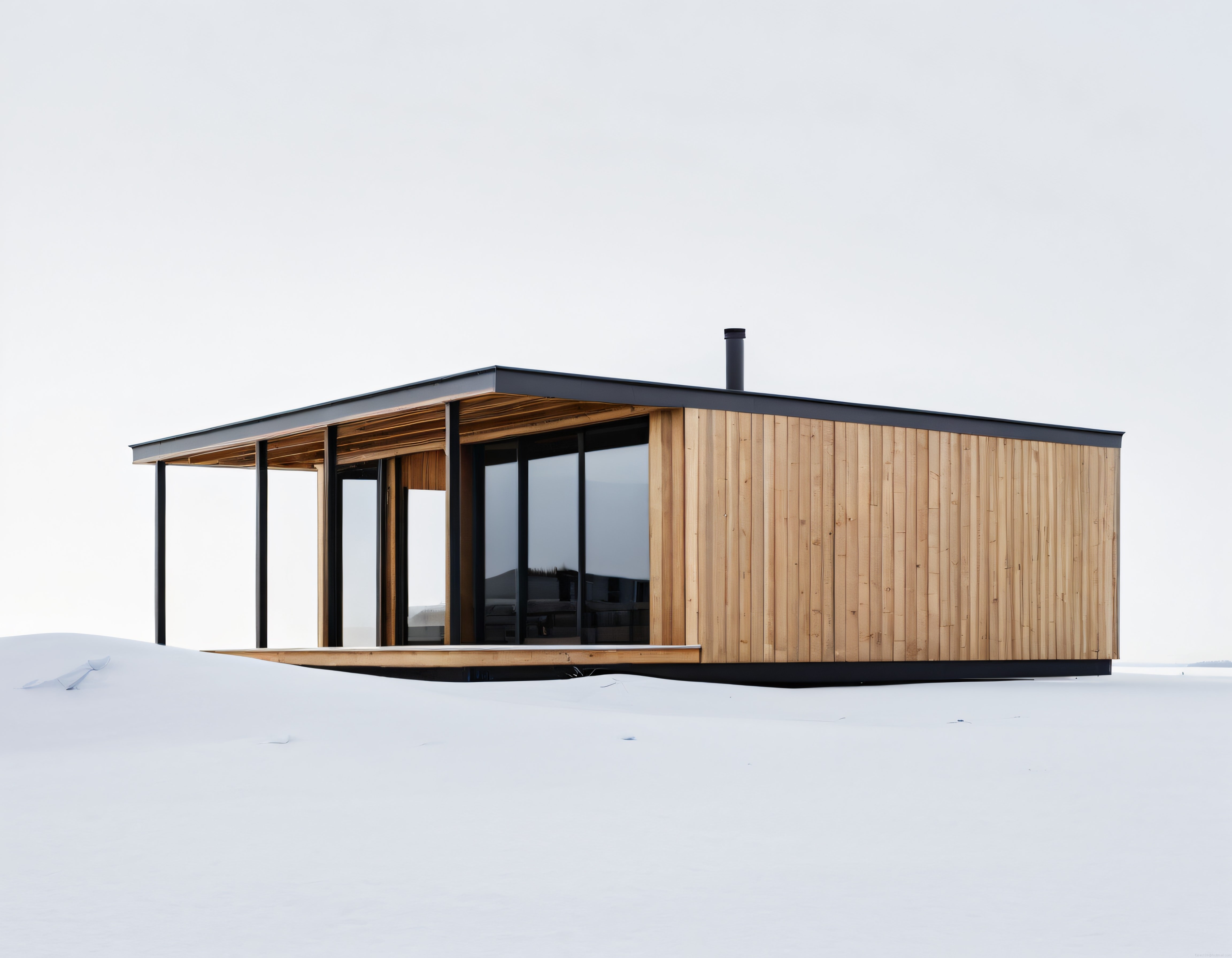 Karlı Bir Arazide Cam ve Ahşap Detaylarıyla Modern Minimalist Konteyner Ev