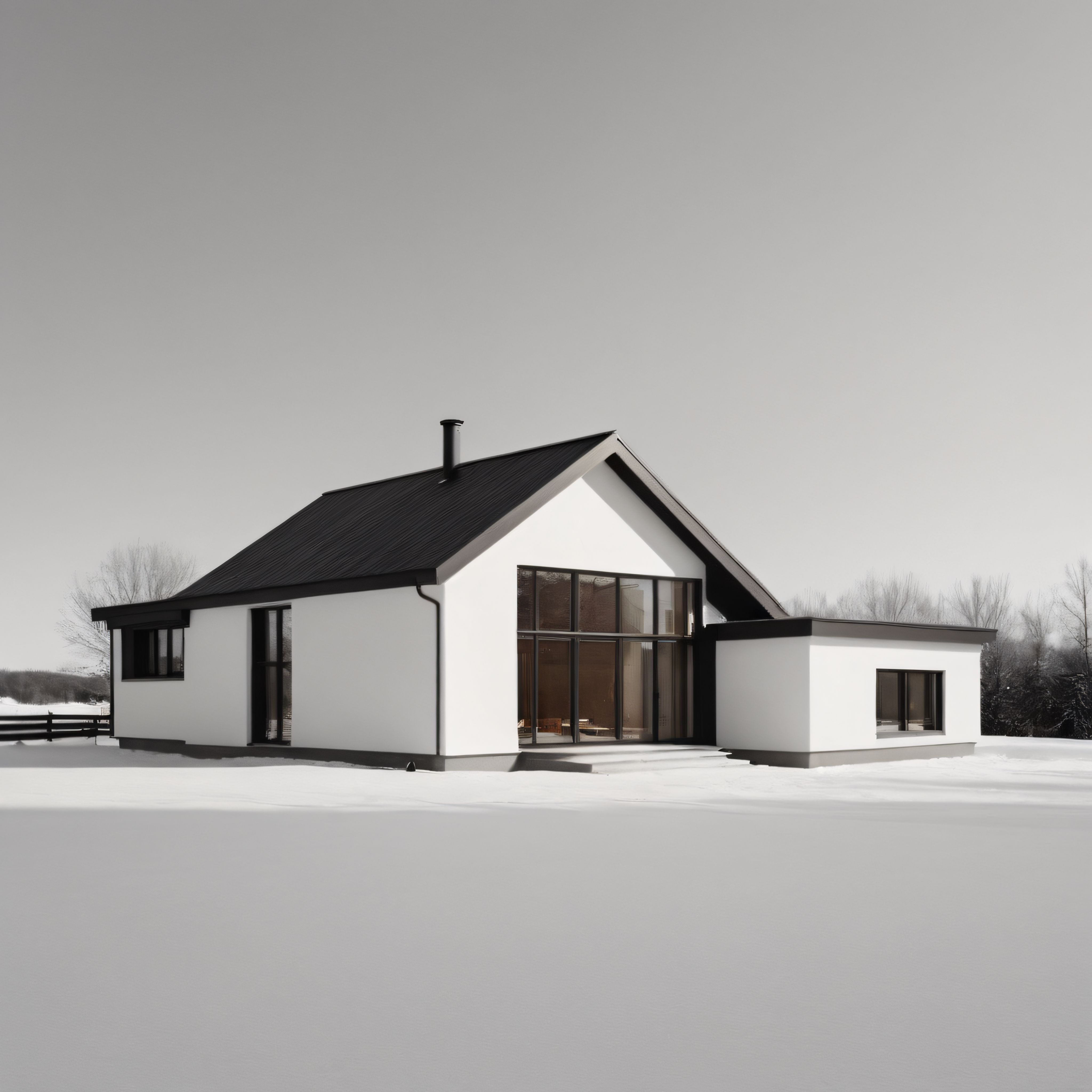 Karlı Bir Arazide Siyah Çatılı ve Geniş Camlı Modern Minimalist Villa