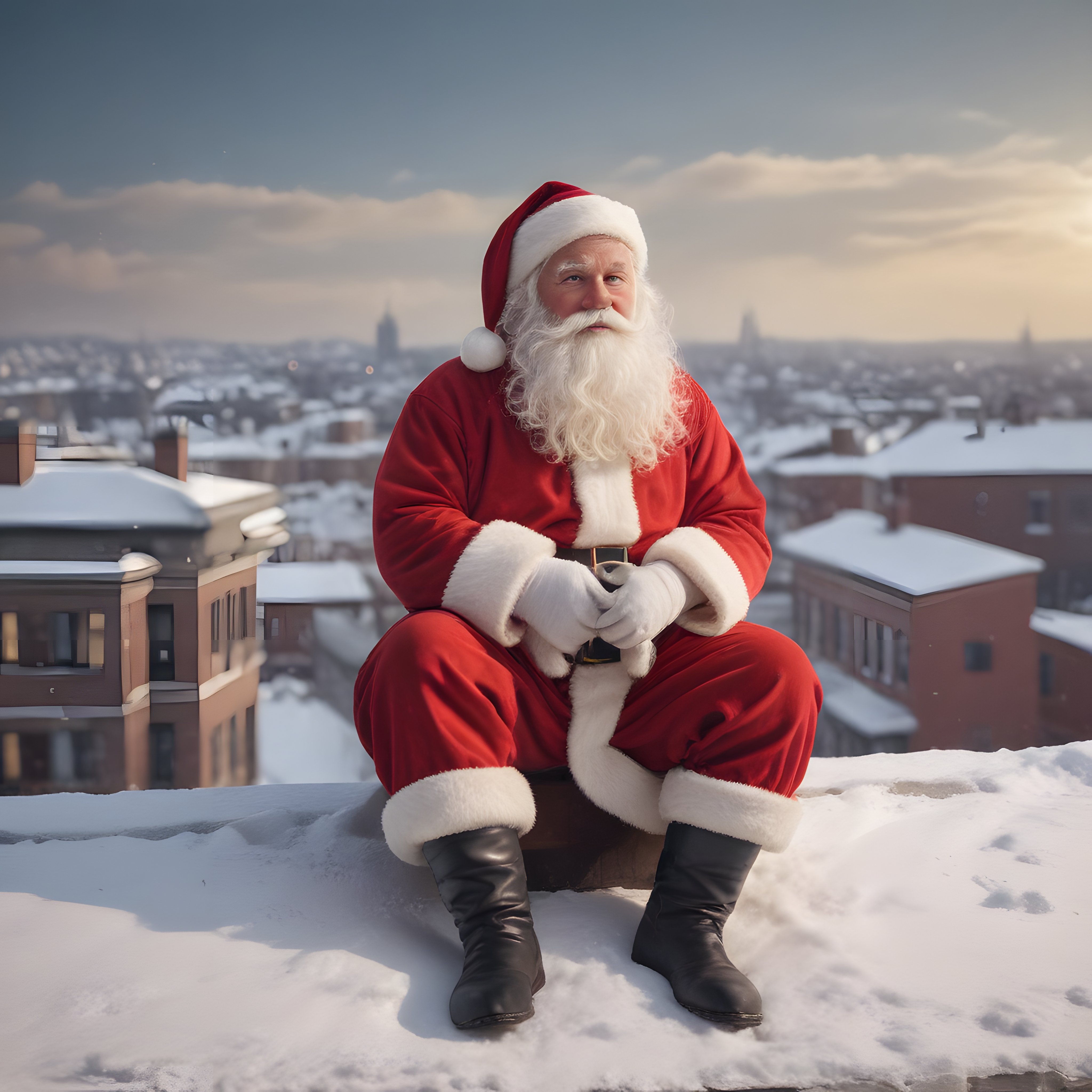 Karlı Bir Çatıda Oturan Noel Baba ve Kış Mevsiminin Büyülü Şehir Manzarası