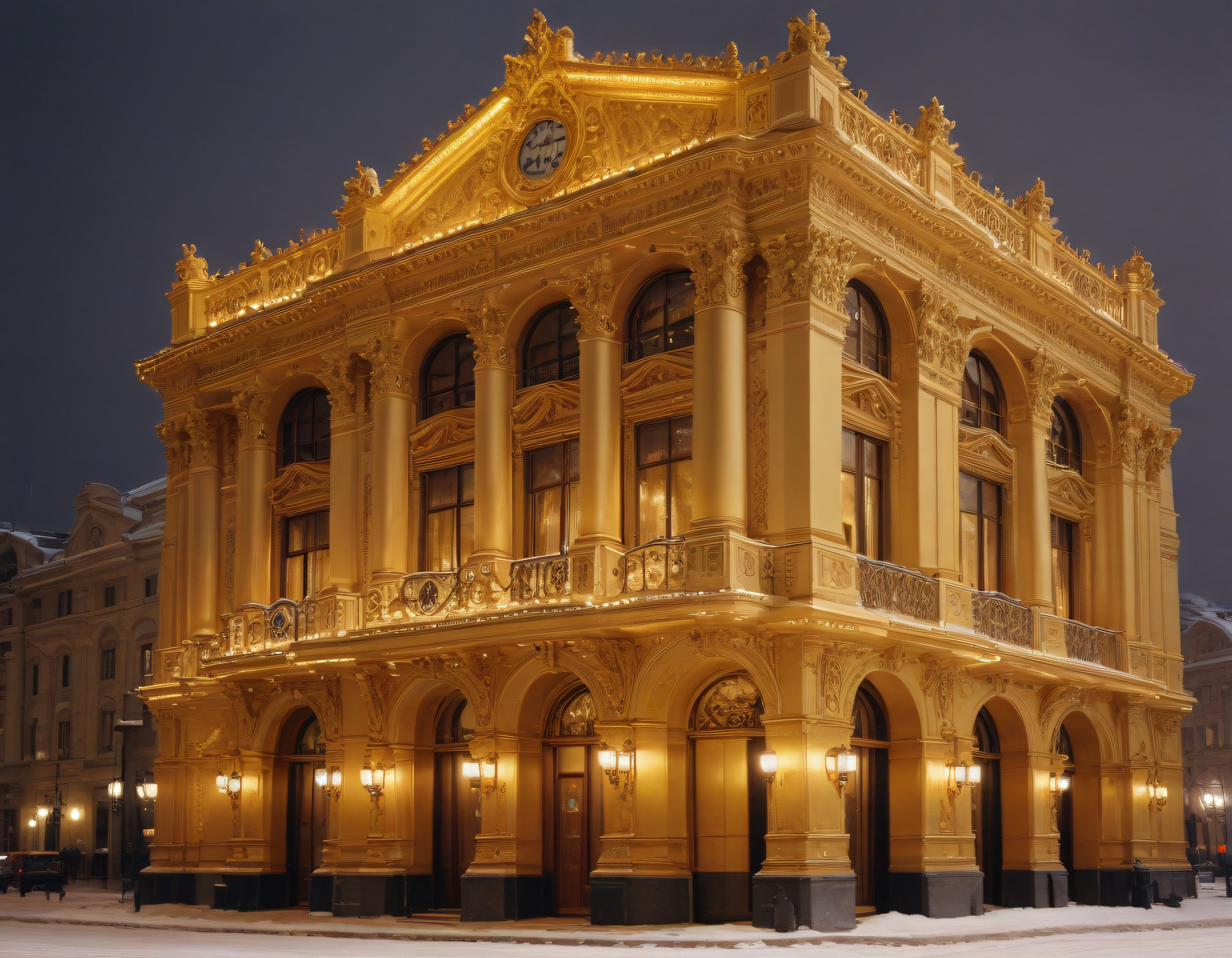 Karlı Bir Gecede Işıklandırılmış Tarihi Opera Binasının Görkemli Görünümü