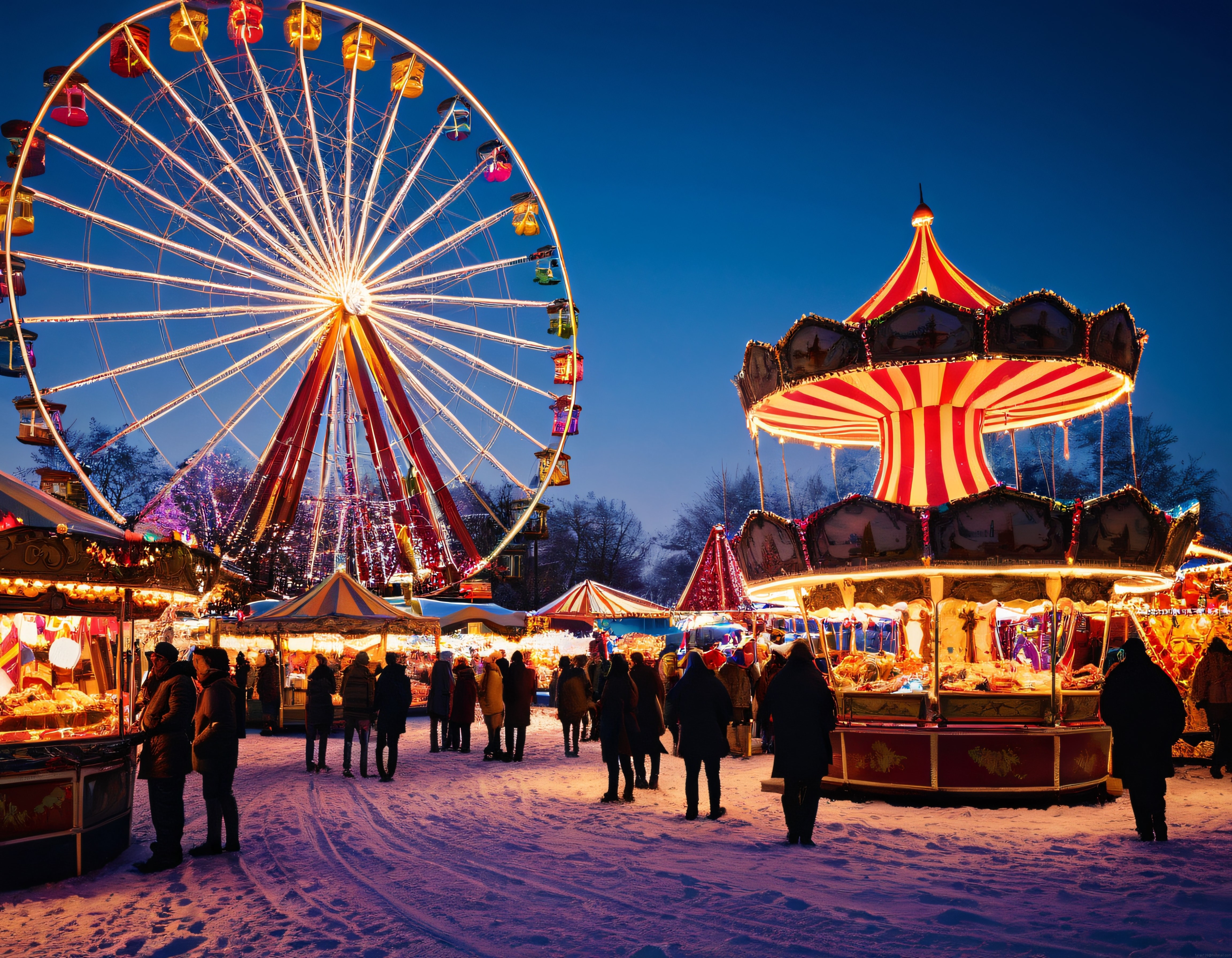 Karlı Bir Gecede Işıl Işıl Lunapark ve Büyüleyici Dönme Dolap Manzarası
