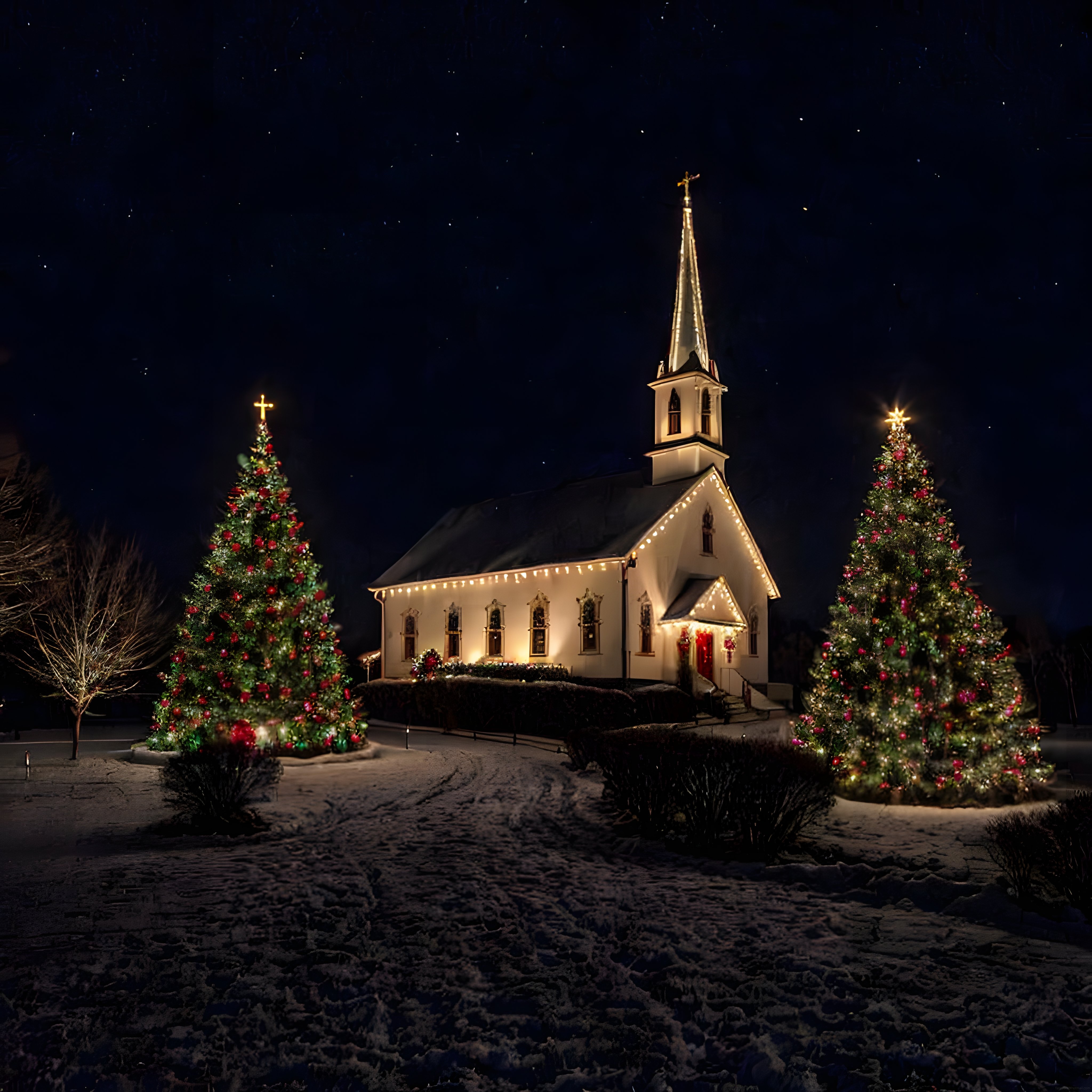 Karlı Bir Gecede Işıl Işıl Parlayan Kilise ve Noel Ağaçları Manzarası