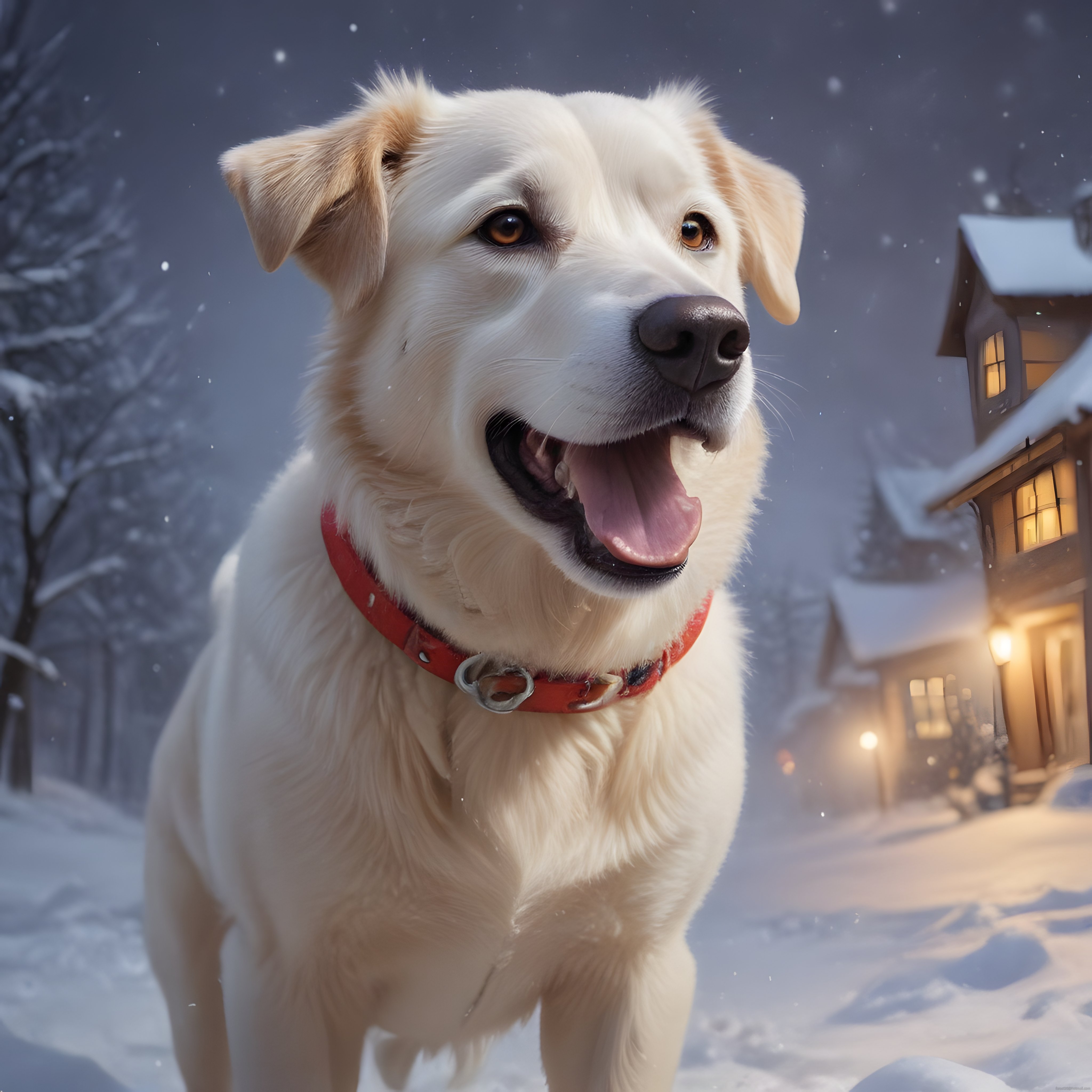 Karlı Bir Gecede Kırmızı Tasmalı Mutlu Köpek ve Sıcak Ev Işıkları