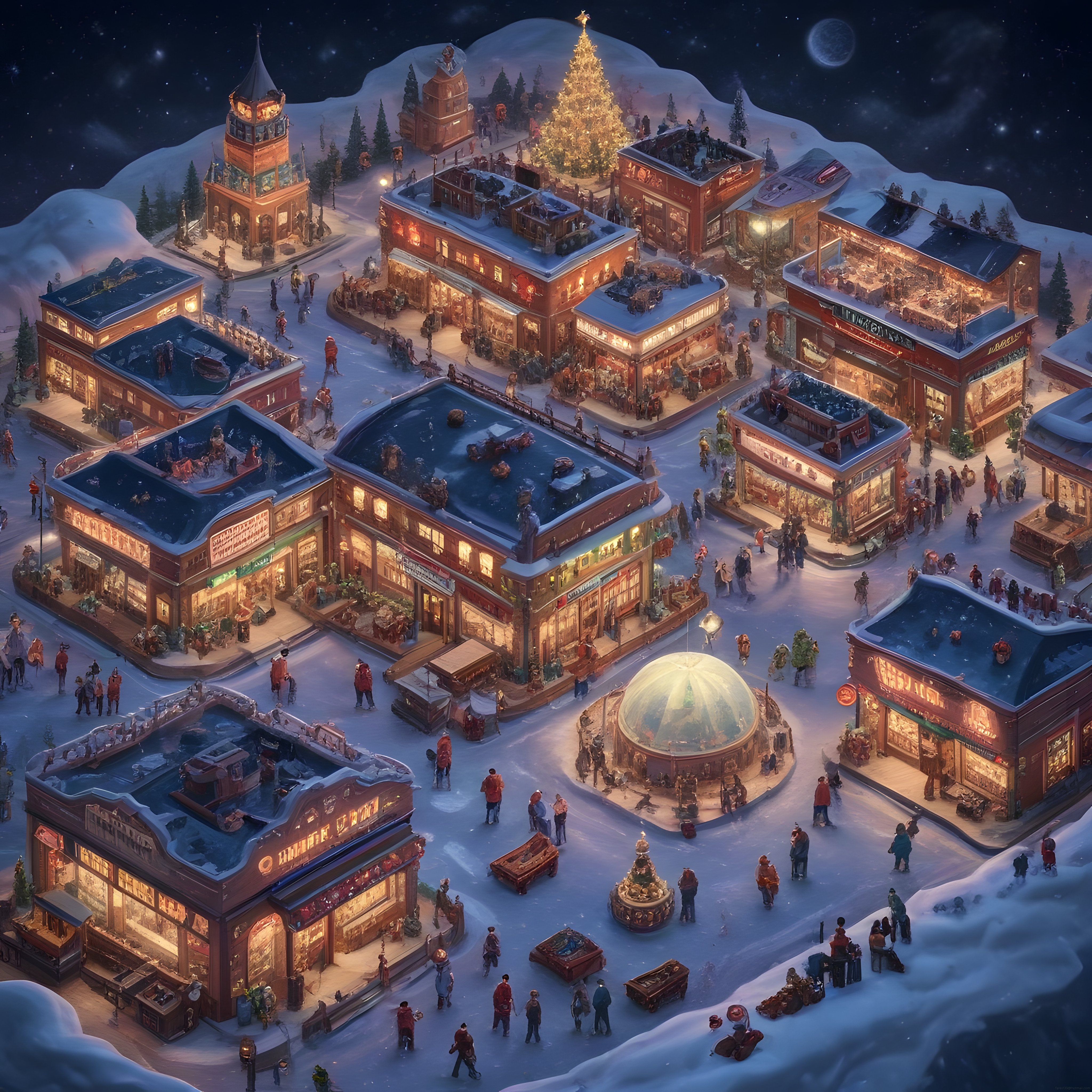 Karlı Bir Gecede Parıldayan Minyatür Kış Kasabası ve Sihirli Noel Atmosferi