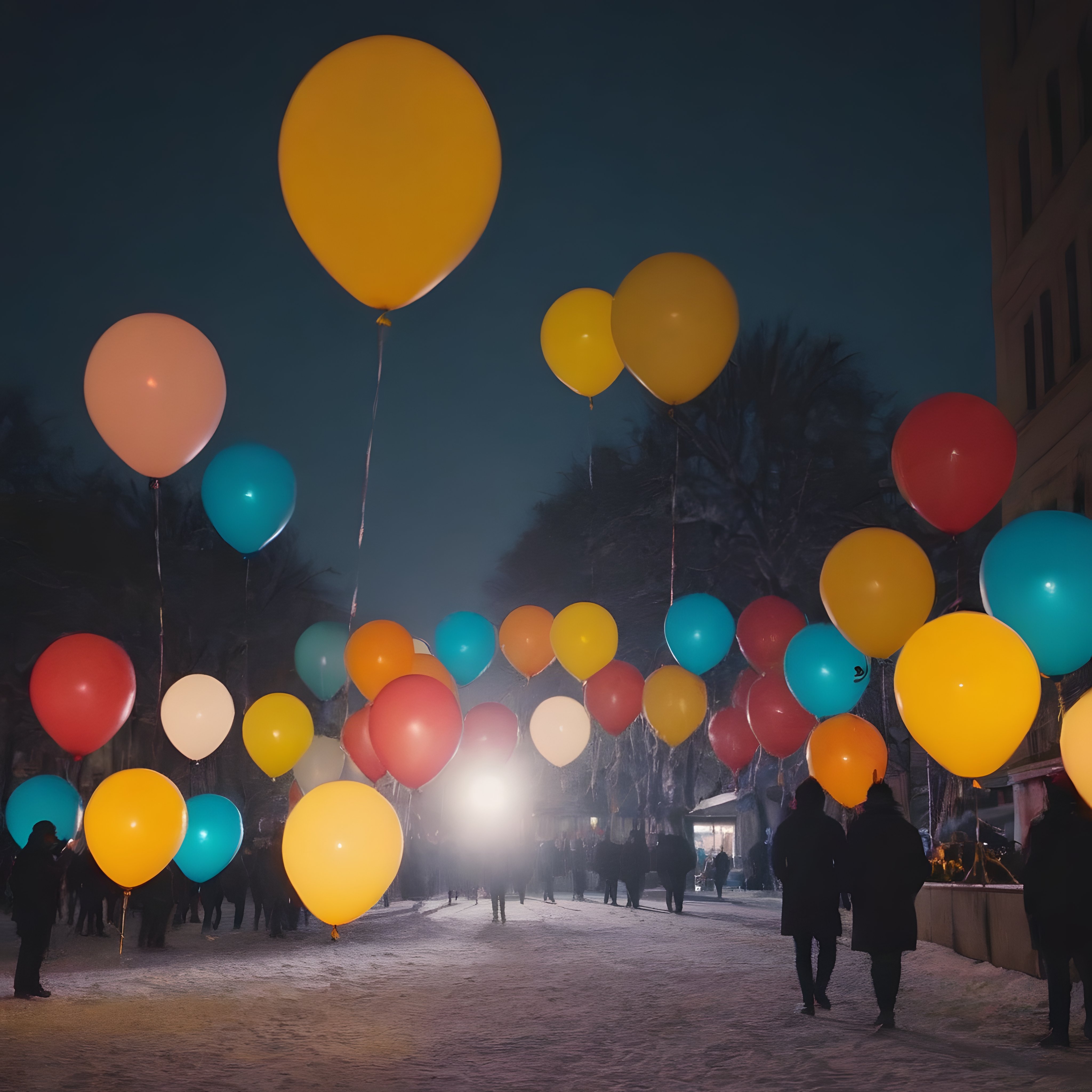 Karlı Bir Gecede Renkli Balonlarla Süslenmiş Sihirli Festival Atmosferi