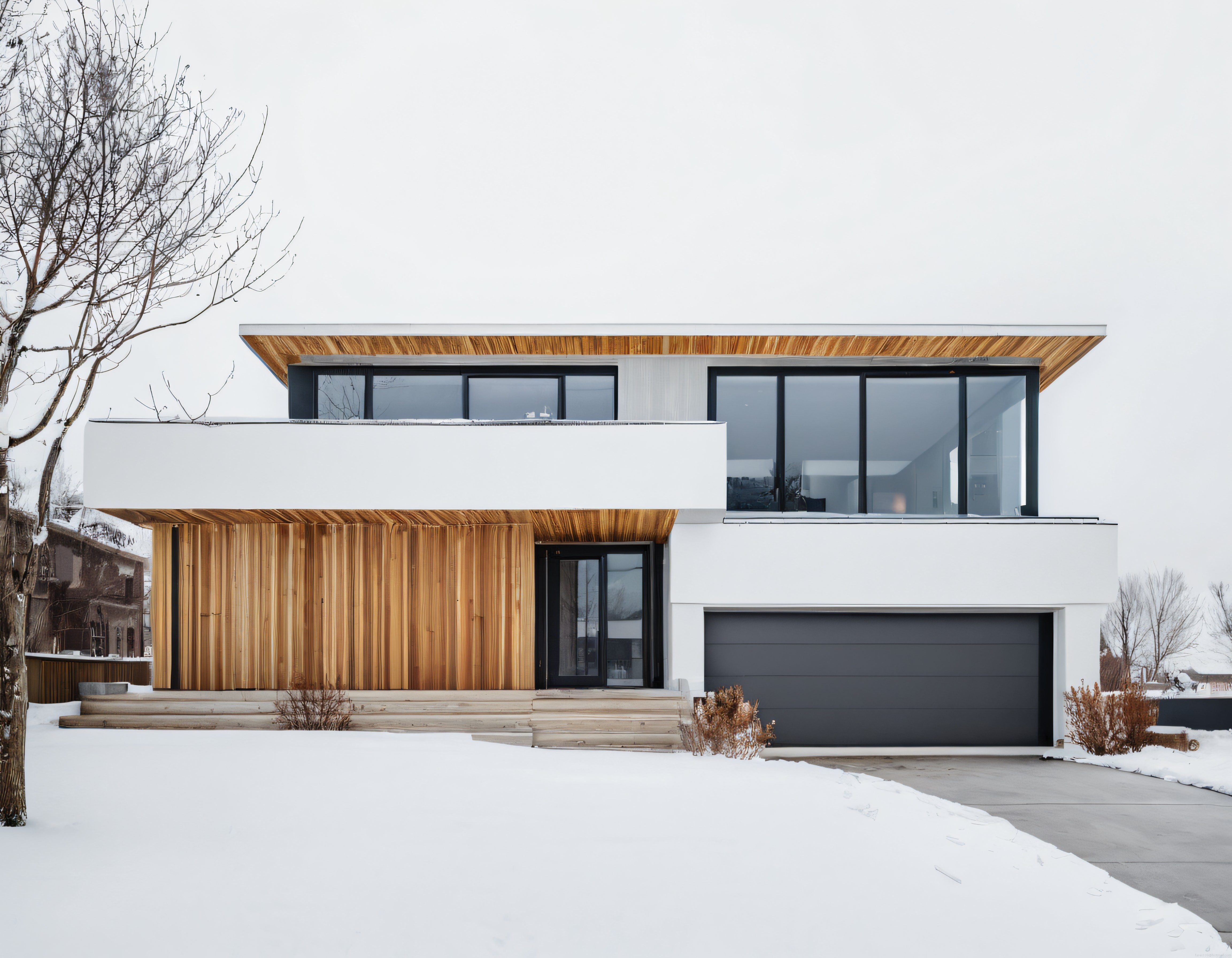 Karlı Bir Günde Modern Ahşap Detaylı Minimalist Villa Tasarımı
