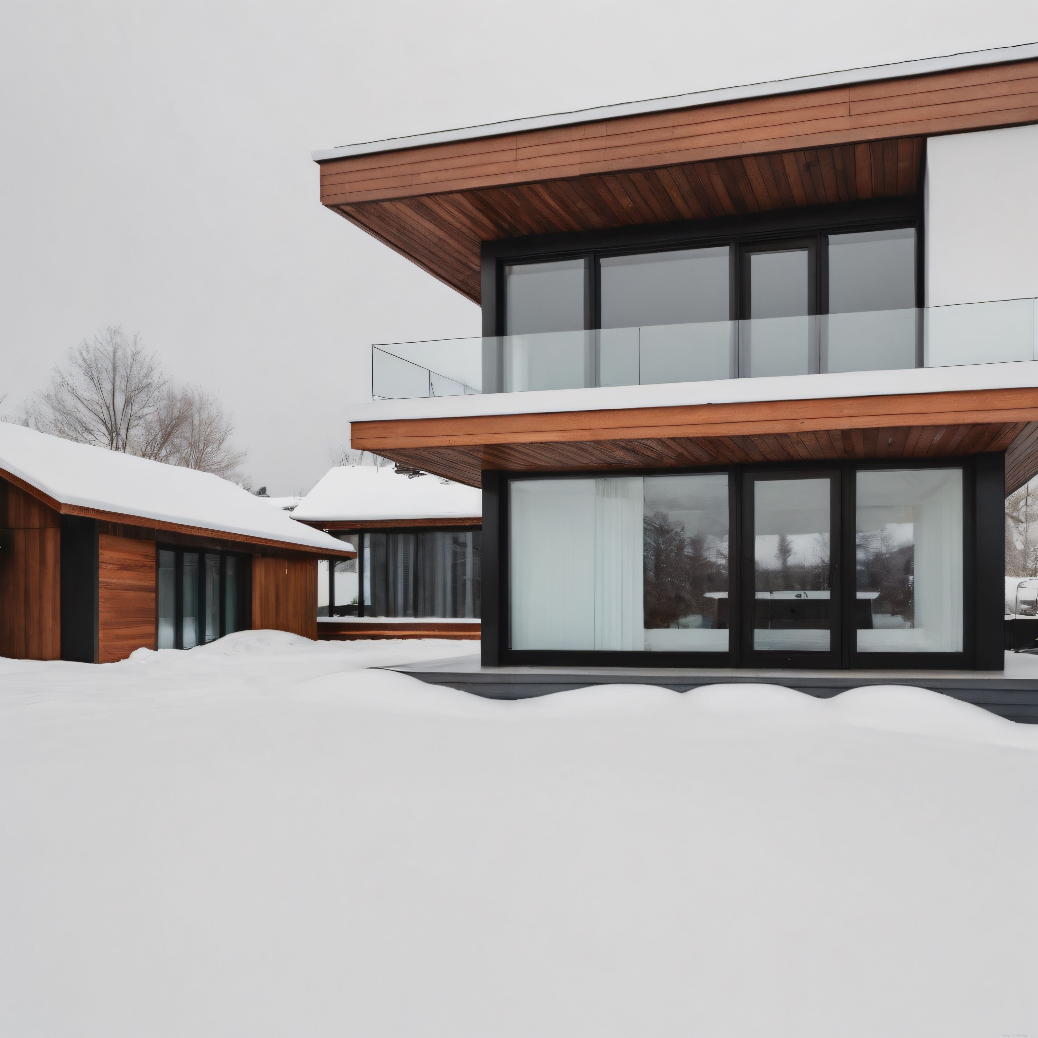Karlı Bir Günde Modern Ahşap ve Cam Detaylı Minimalist Villa Mimarisi