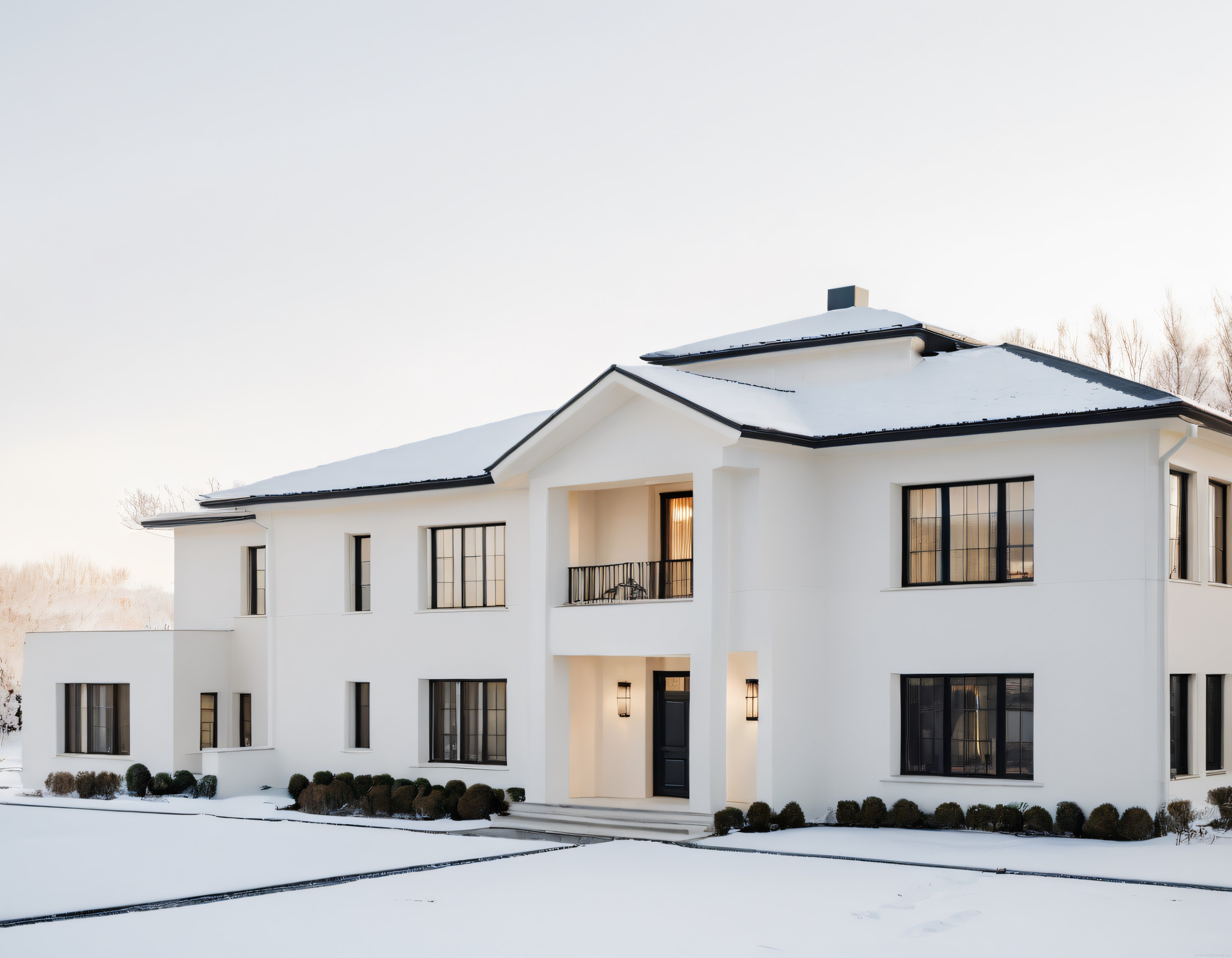 Karlı Bir Kış Gününde Modern ve Sade Çizgilerle Tasarlanmış Şık Beyaz Villa