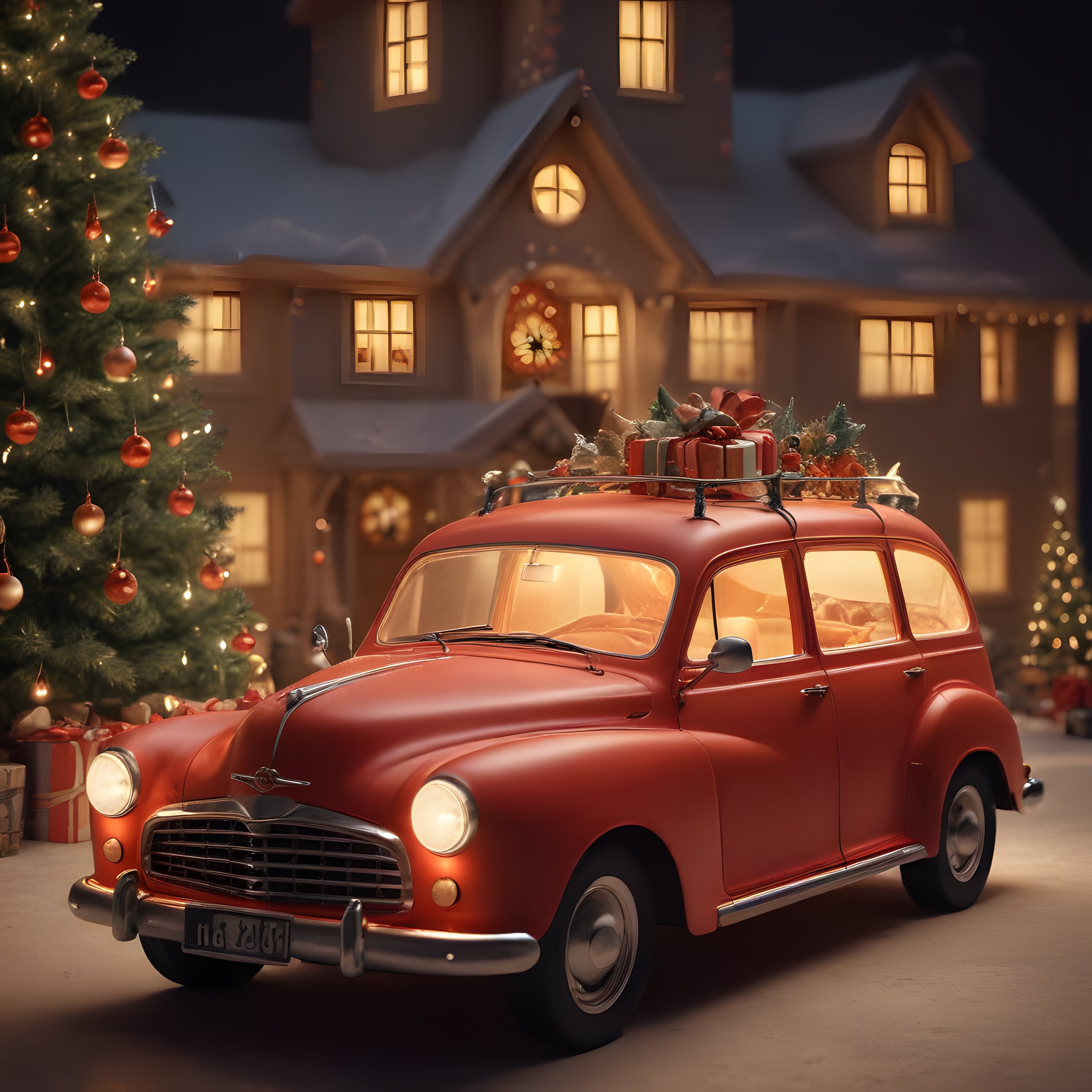 Karlı Bir Noel Akşamında Hediyelerle Süslenmiş Klasik Kırmızı Araba ve Işıklı Ev
