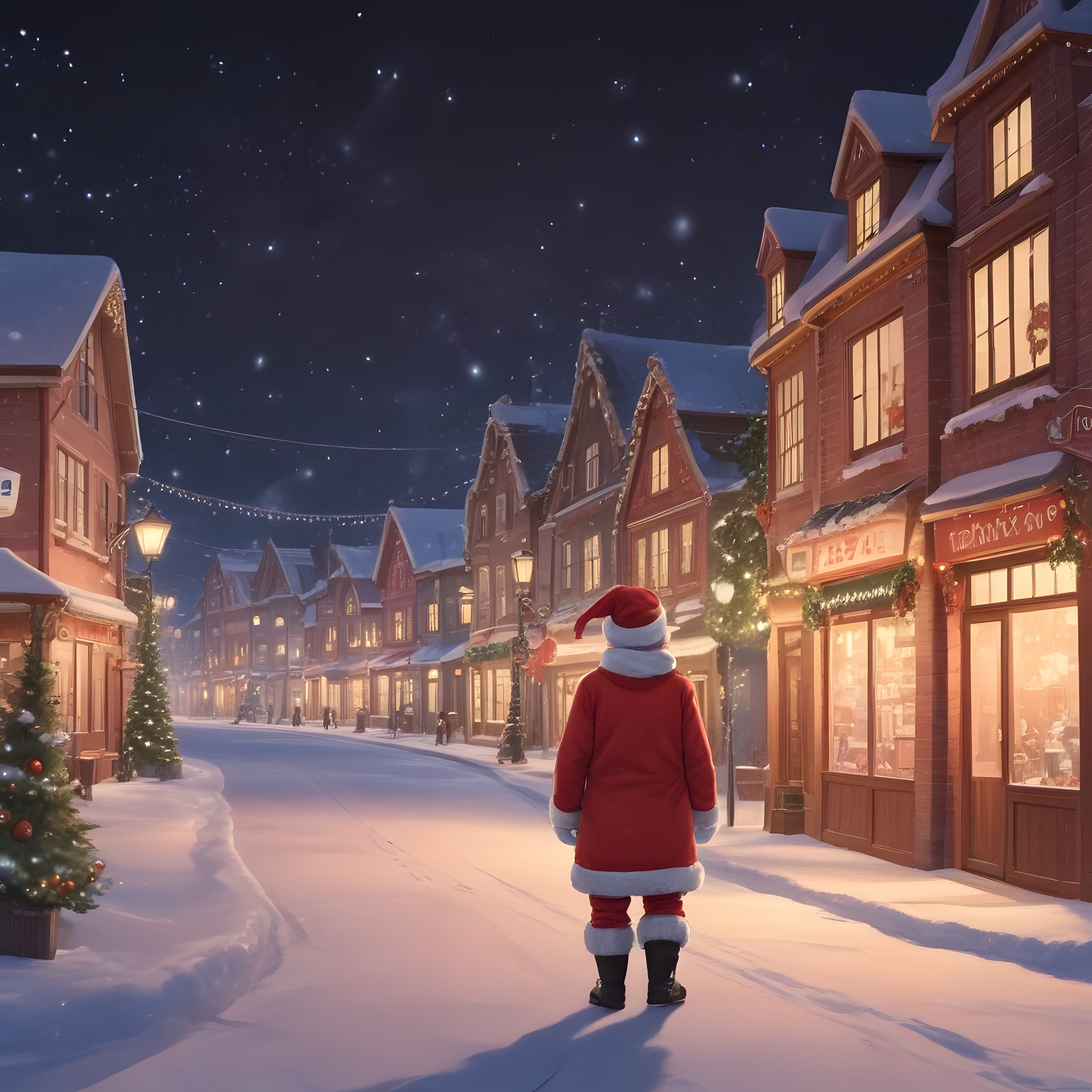Karlı Bir Noel Gecesinde Işıl Işıl Sokağa Bakan Noel Baba Kıyafetli Çocuk