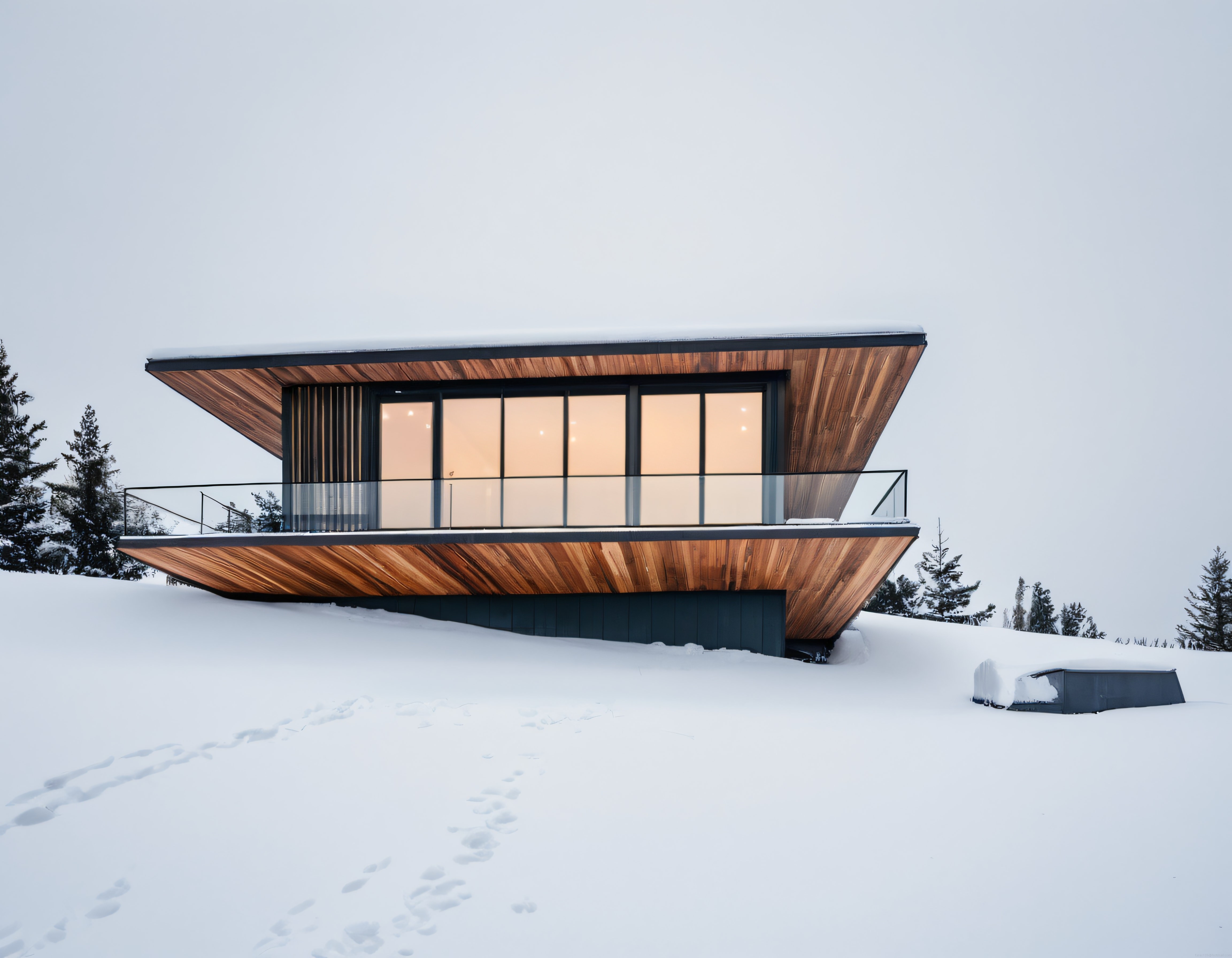 Karlı bir yamaçta ahşap kaplamalı, camlı balkonlu modern bir dağ evi