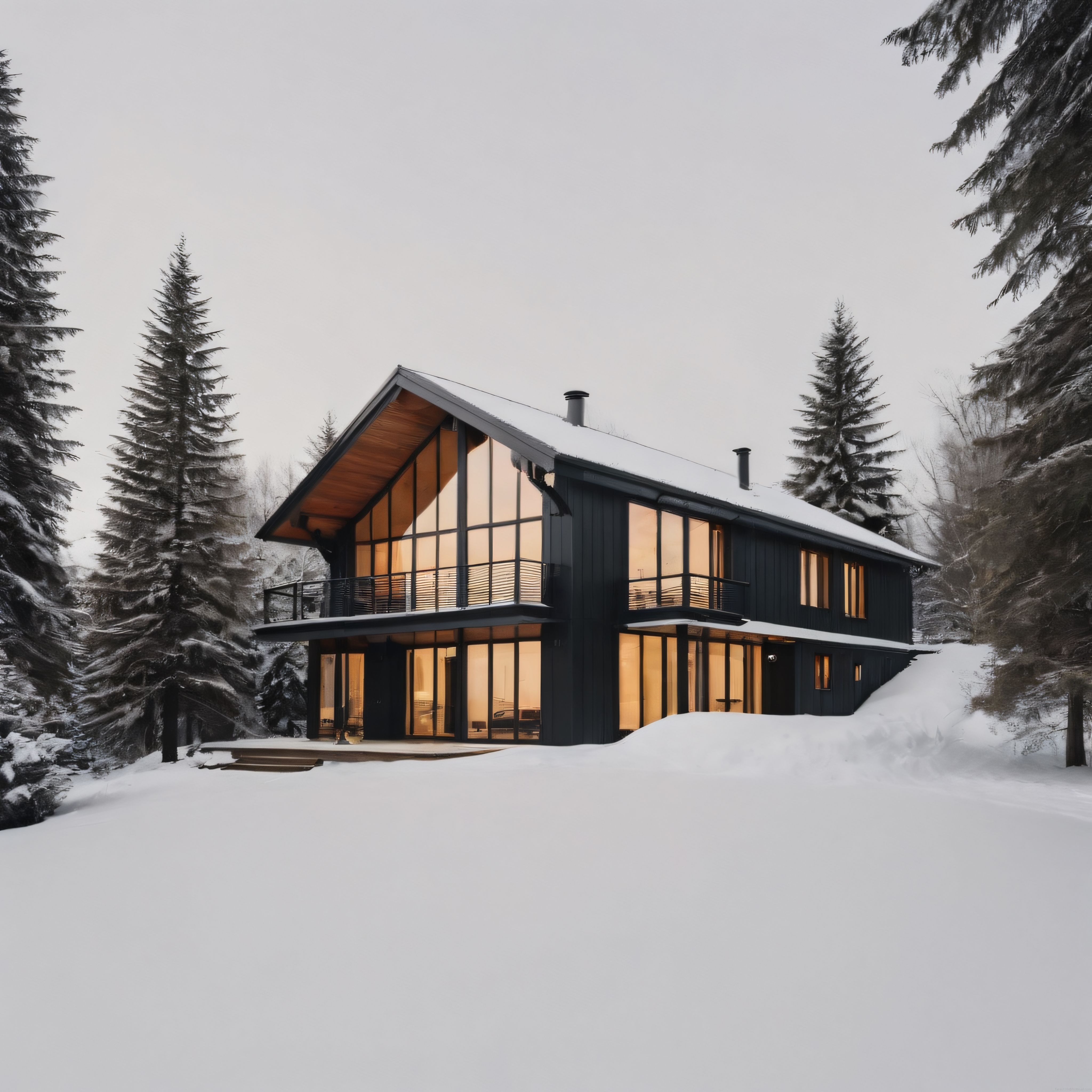 Karlı Çam Ormanı İçinde Cam Cepheli Modern Dağ Evi ve Sıcak İç Mekan Işığı