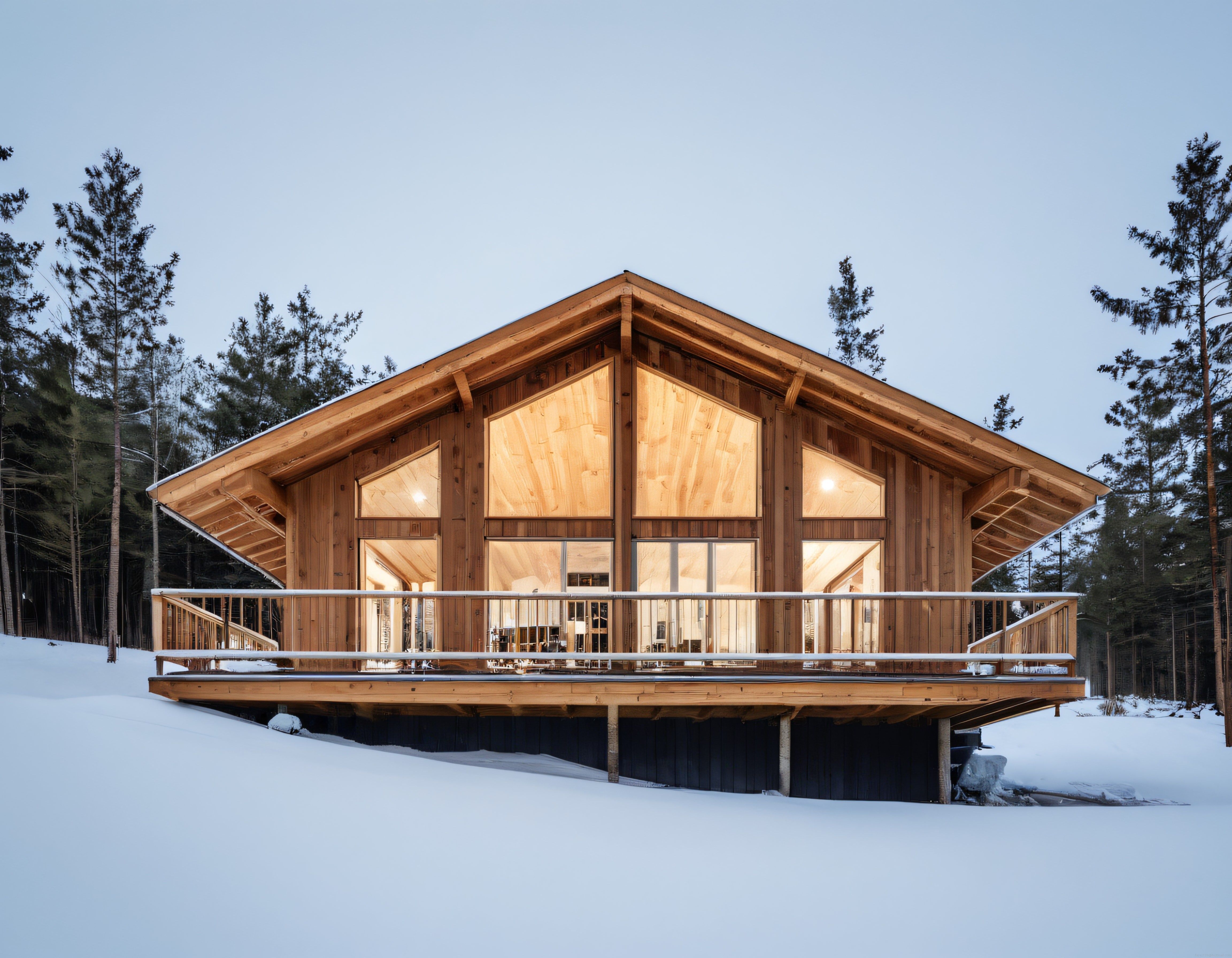 Karlı Çam Ormanında Büyük Camlı Sıcak Işıklı Modern Ahşap Dağ Evi