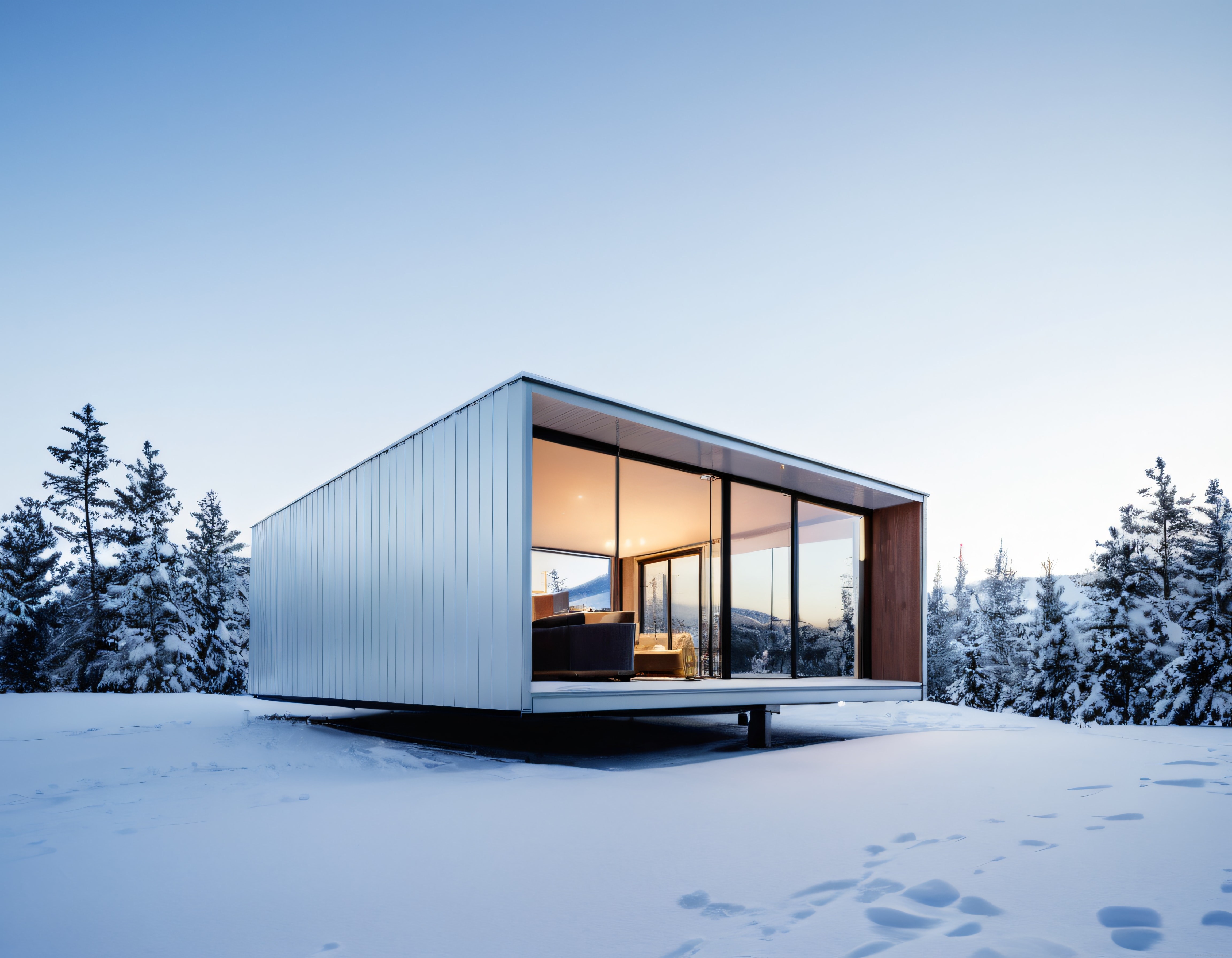 Karlı Çam Ormanının İçinde Cam Cepheli Modern ve Minimalist Dağ Evi