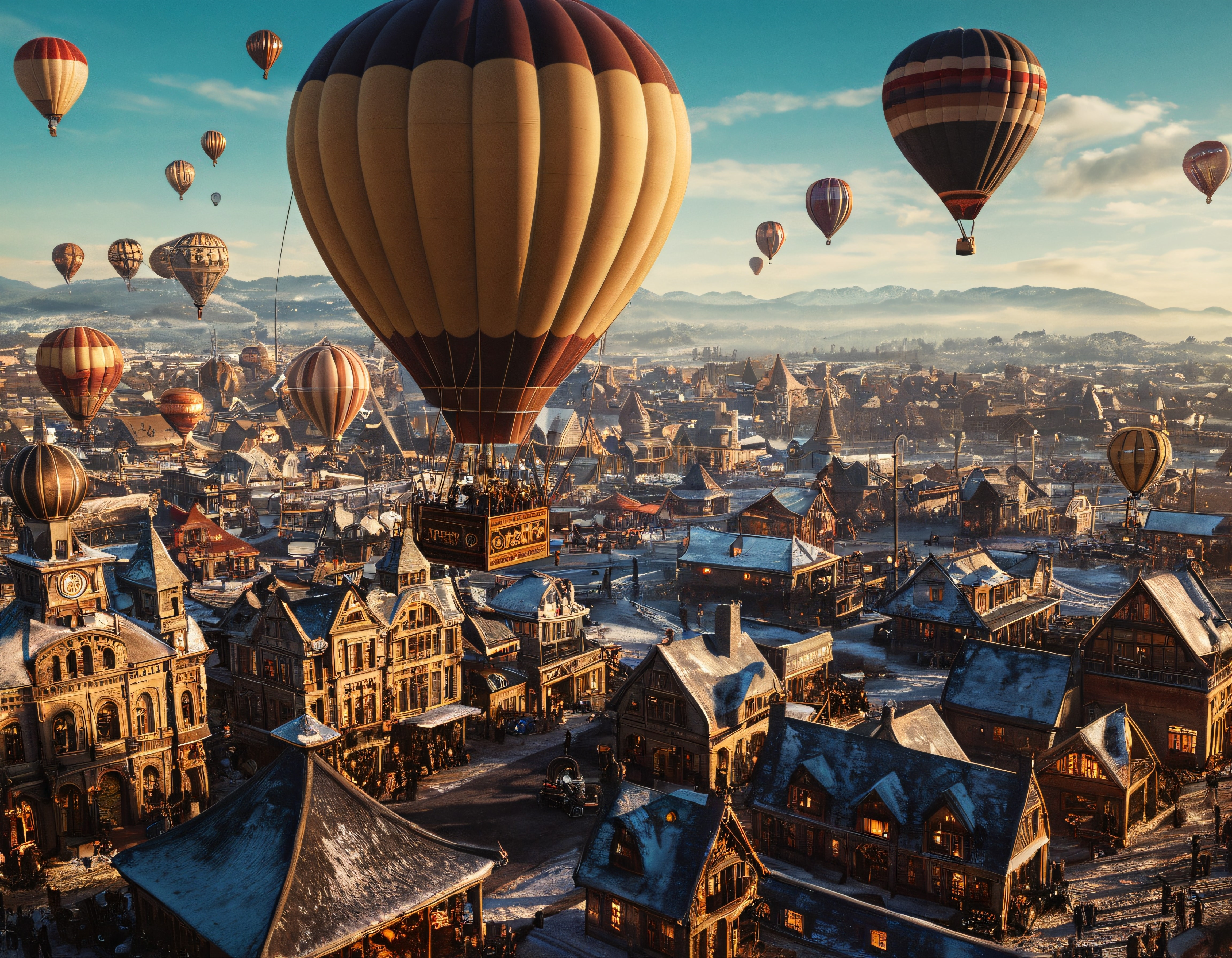 Karlı Çatılar ve Sıcak Hava Balonlarıyla Masalsı Bir Şehir Manzarası