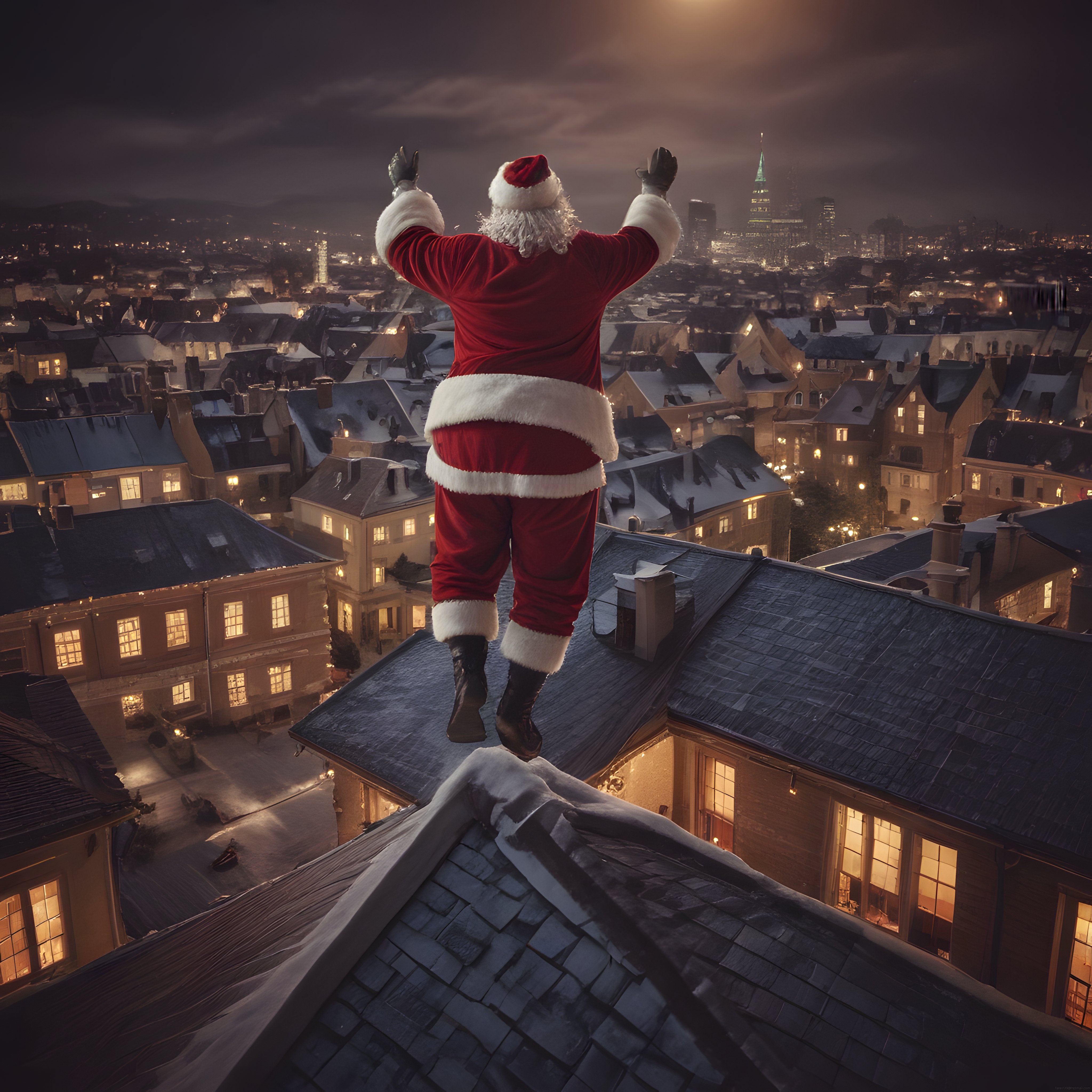 Karlı Çatıların Üzerinde Kollarını Açan Noel Baba ve Büyülü Gece Şehri