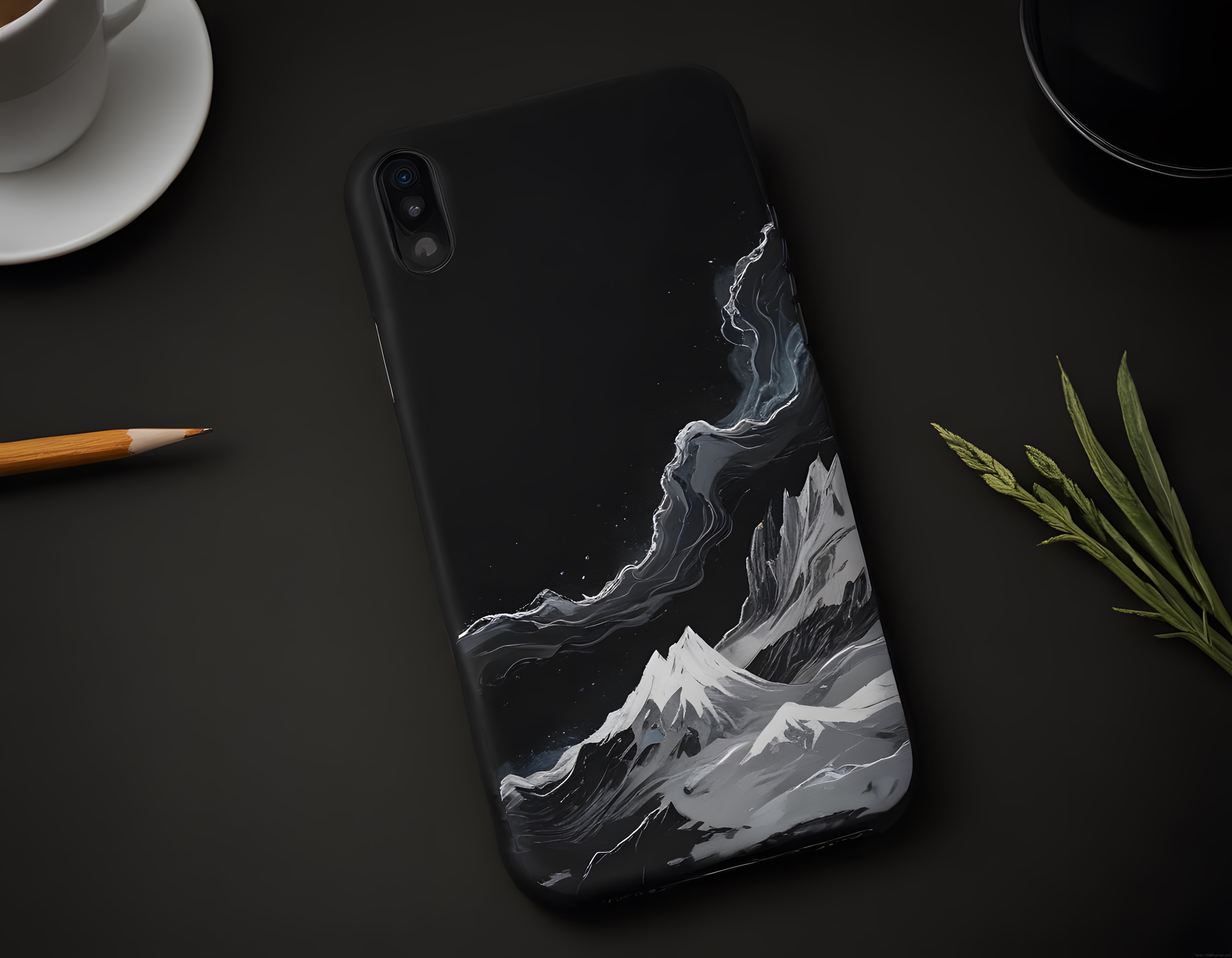 Karlı Dağ Desenli Siyah Telefon Kılıfı ve Stil Sahibi Masa Üstü Düzeni