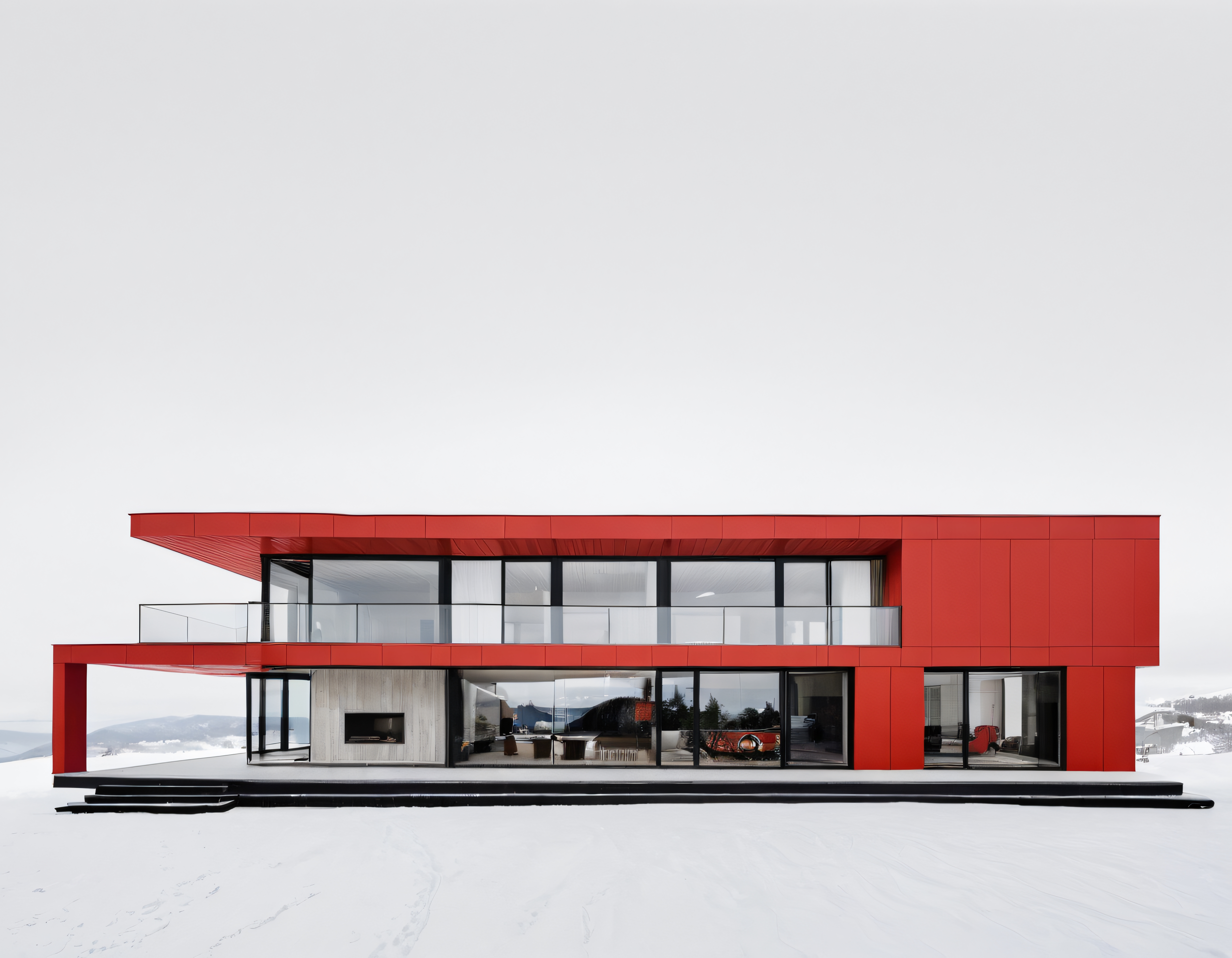 Karlı Dağ Eteğinde Göz Alıcı Modern Kırmızı Villa ve Çağdaş Mimari