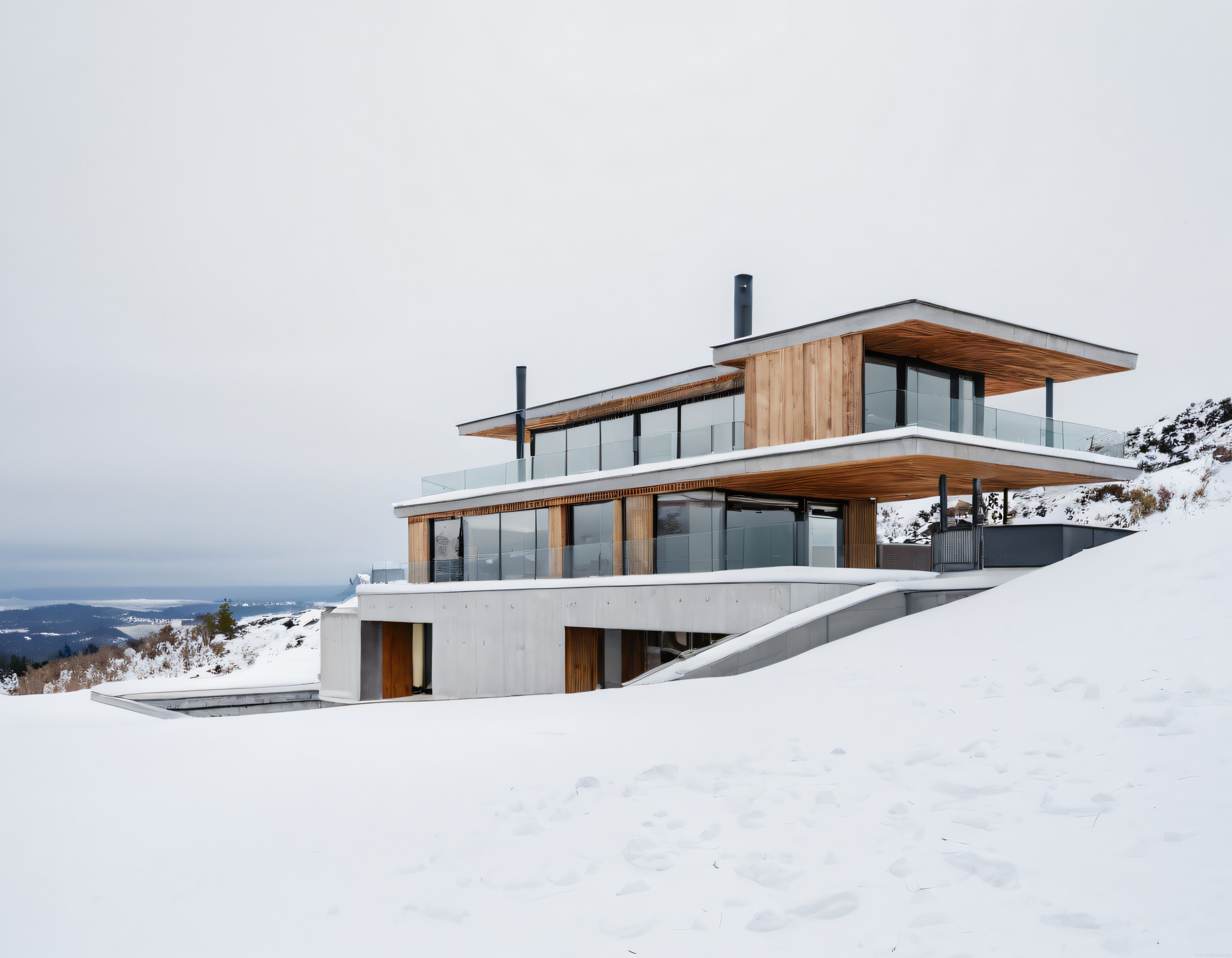 Karlı Dağ Eteğinde Modern Ahşap ve Beton Villa Mimari Tasarım Detayları