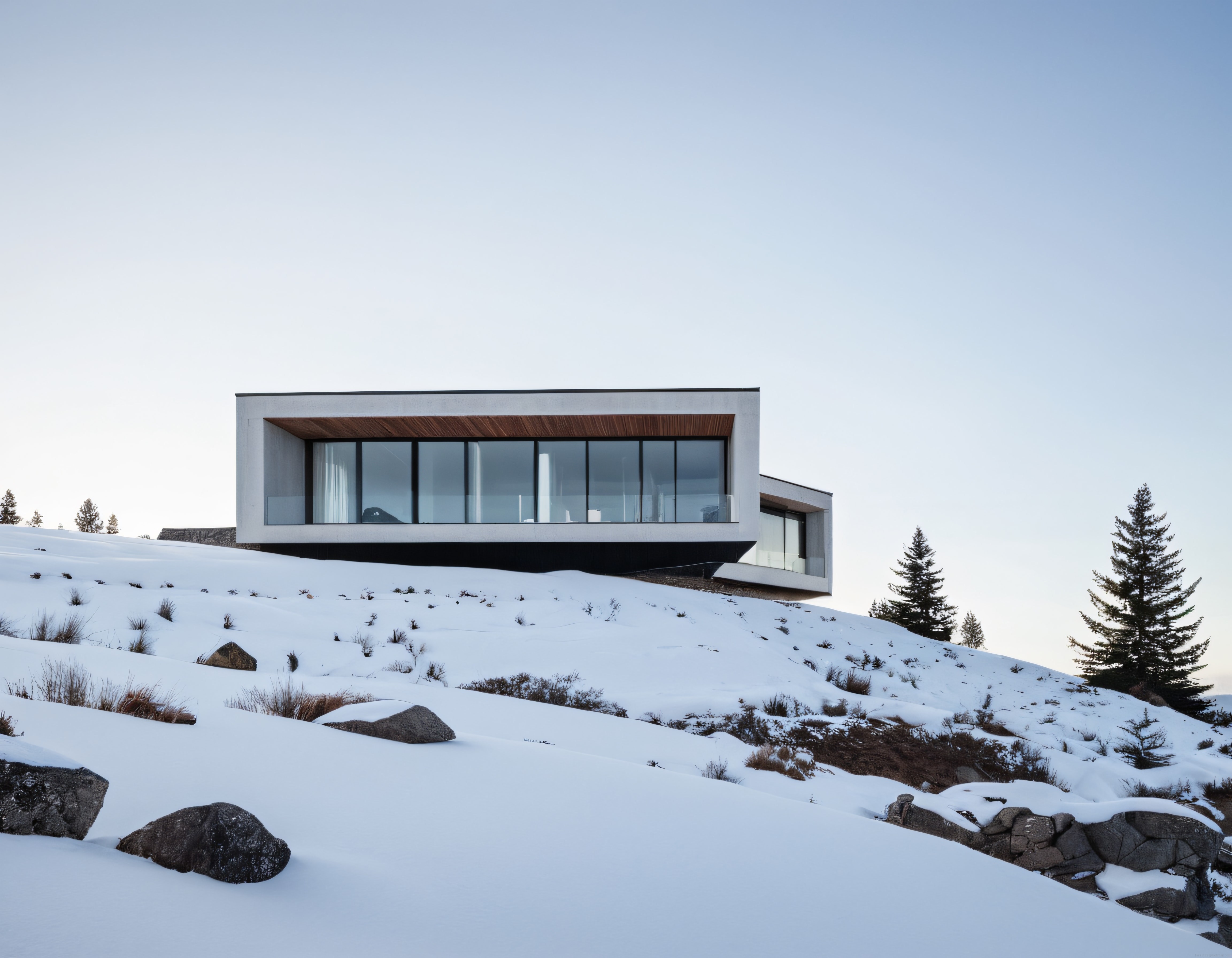 Karlı Dağ Eteğinde Modern Mimari: Minimalist Cam ve Beton Villa