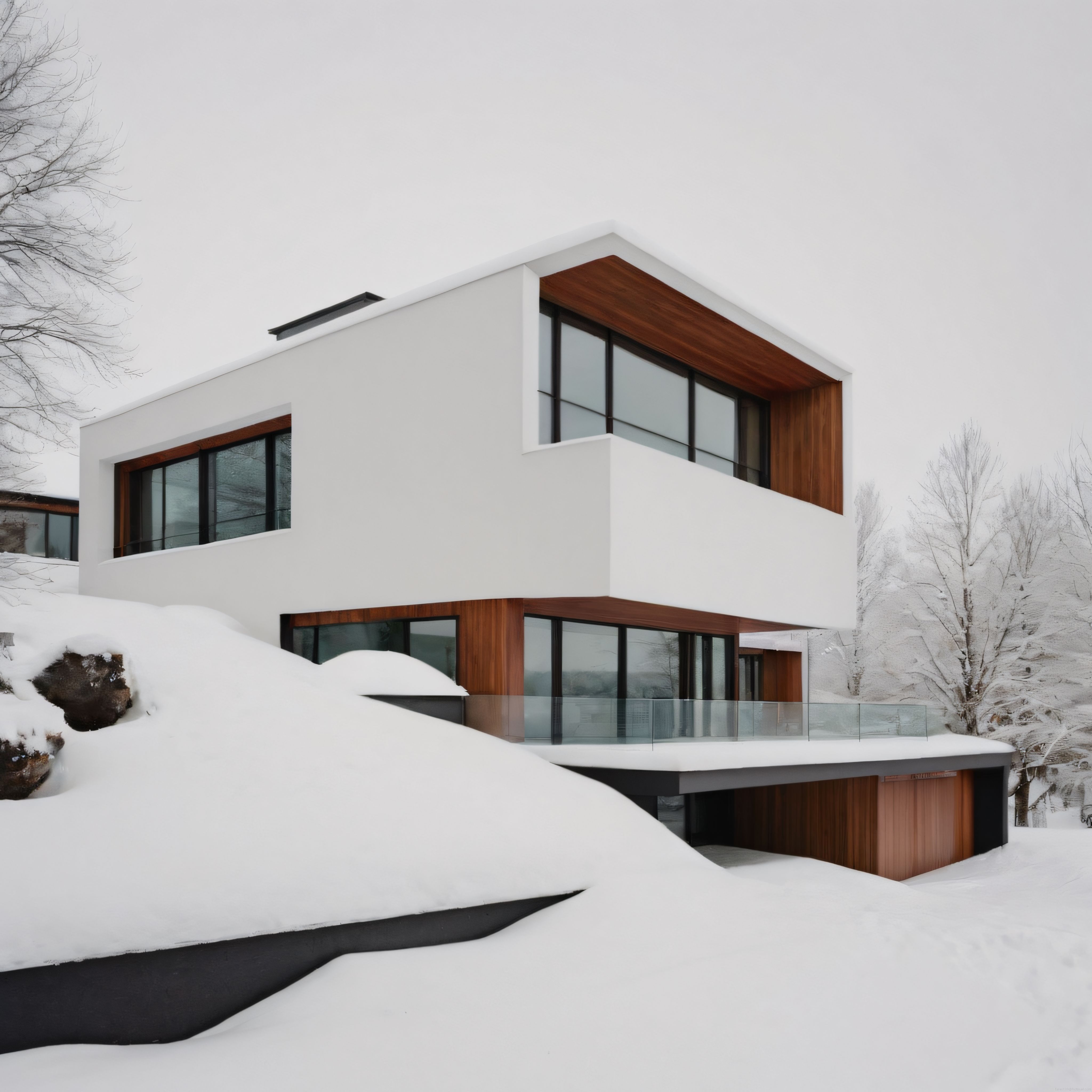 Karlı Dağ Eteklerinde Modern Minimalist Villa Mimarisi ve Kış Manzarası