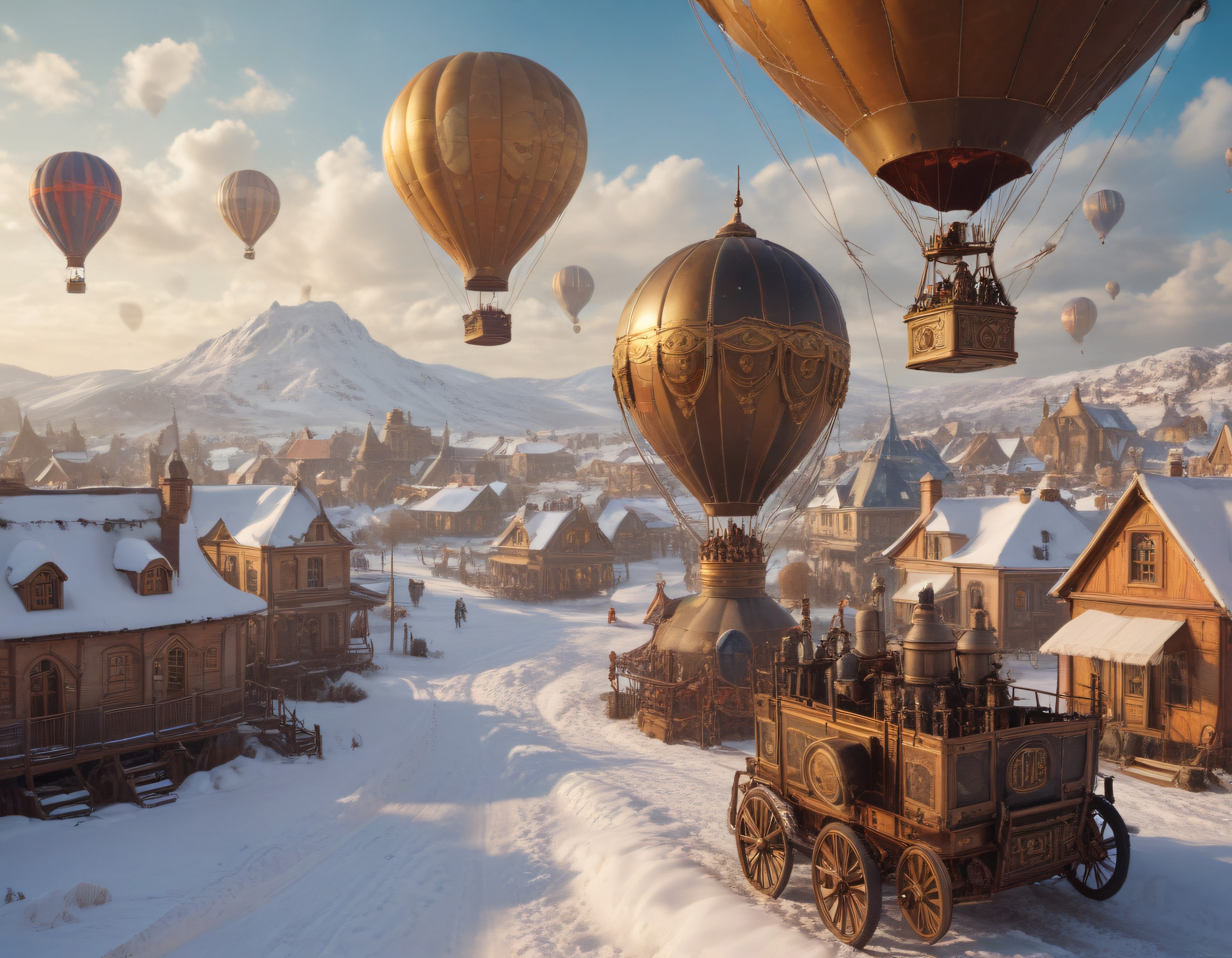 Karlı dağ eteklerindeki steampunk kasabada gökyüzünde bronz sıcak hava balonları