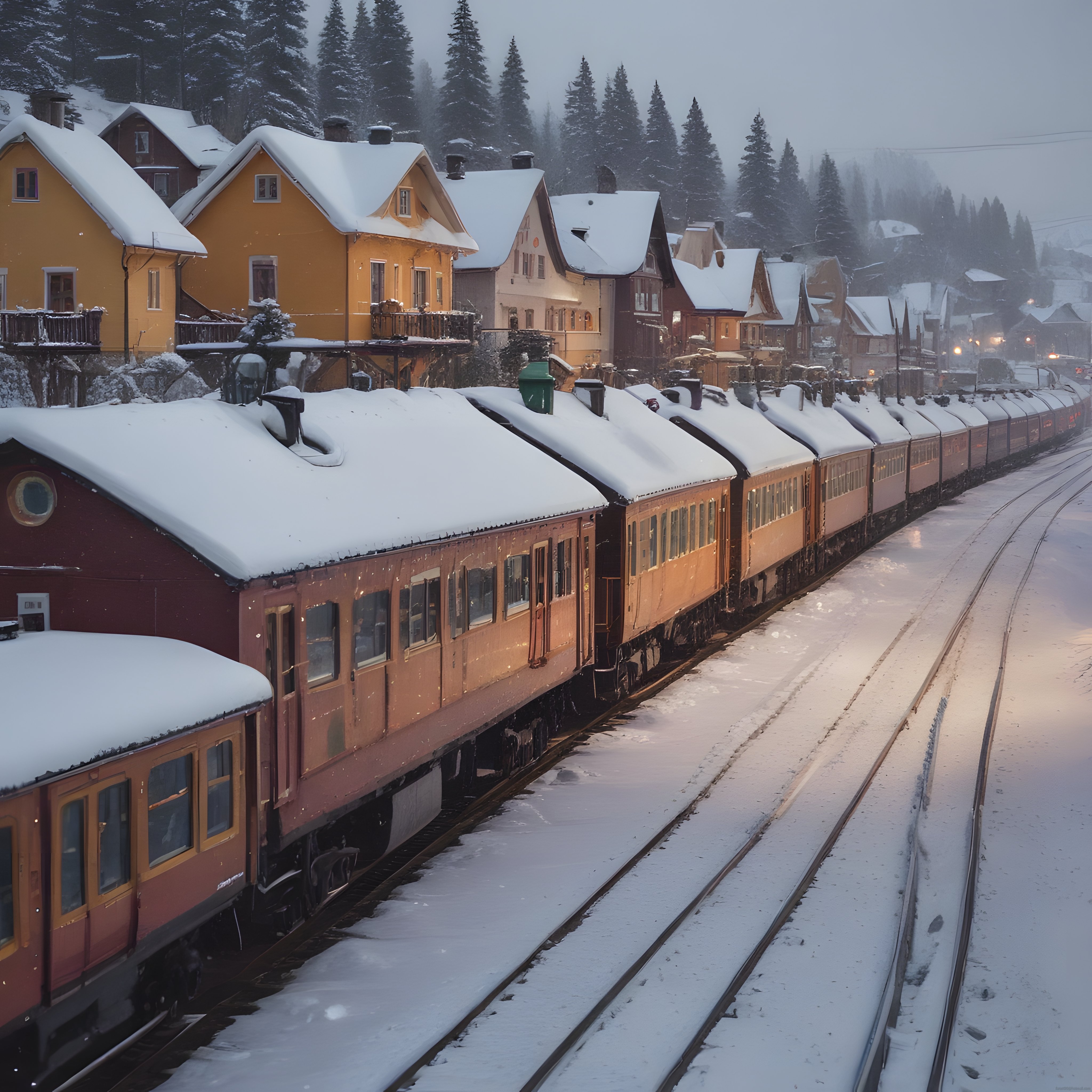 Karlı Dağ Kasabasında Eski Tren Vagonları ve Sisli Orman Manzarası
