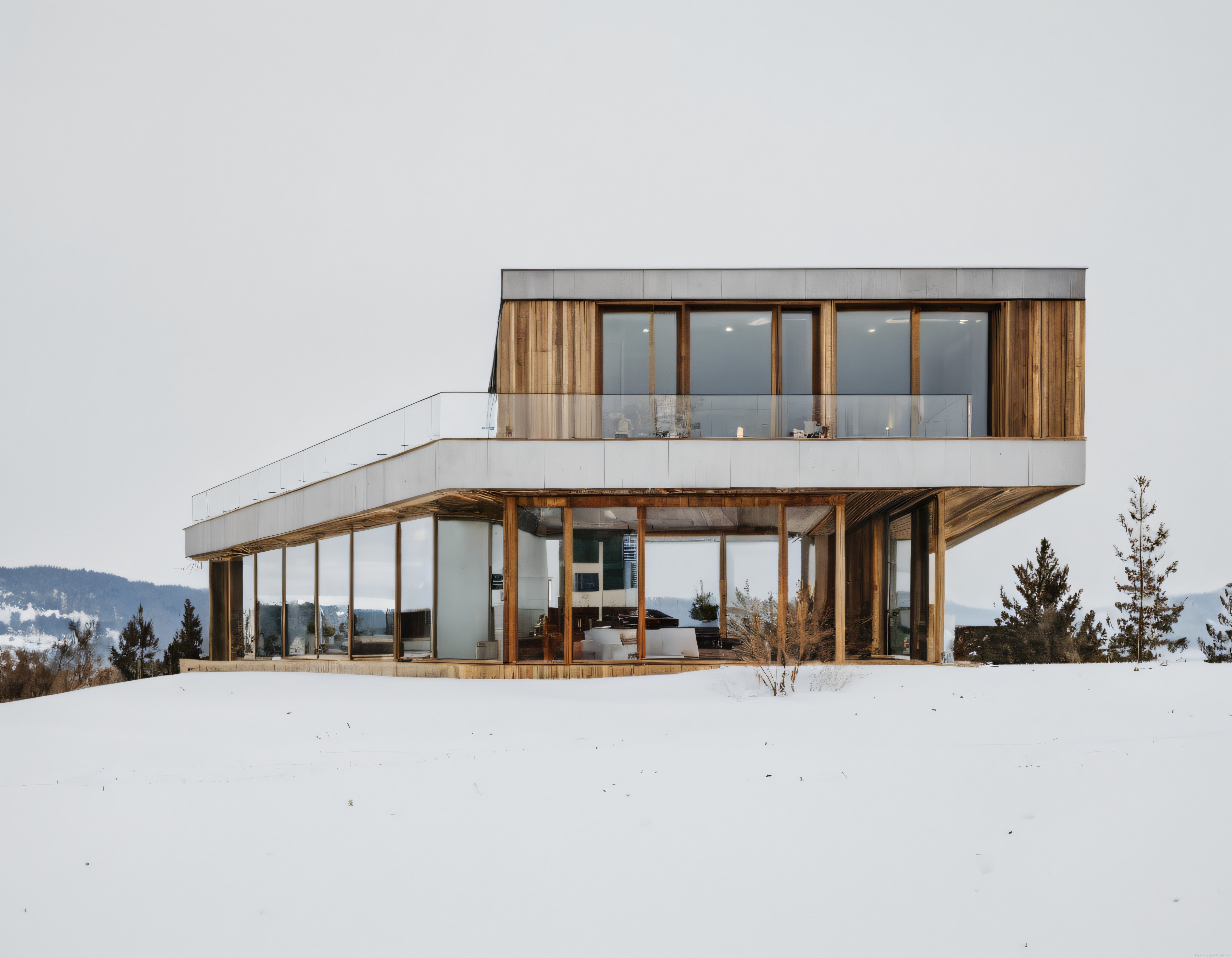 Karlı Dağ Manzaralı Cam ve Ahşap Cepheli Modern Lüks Villa Tasarımı