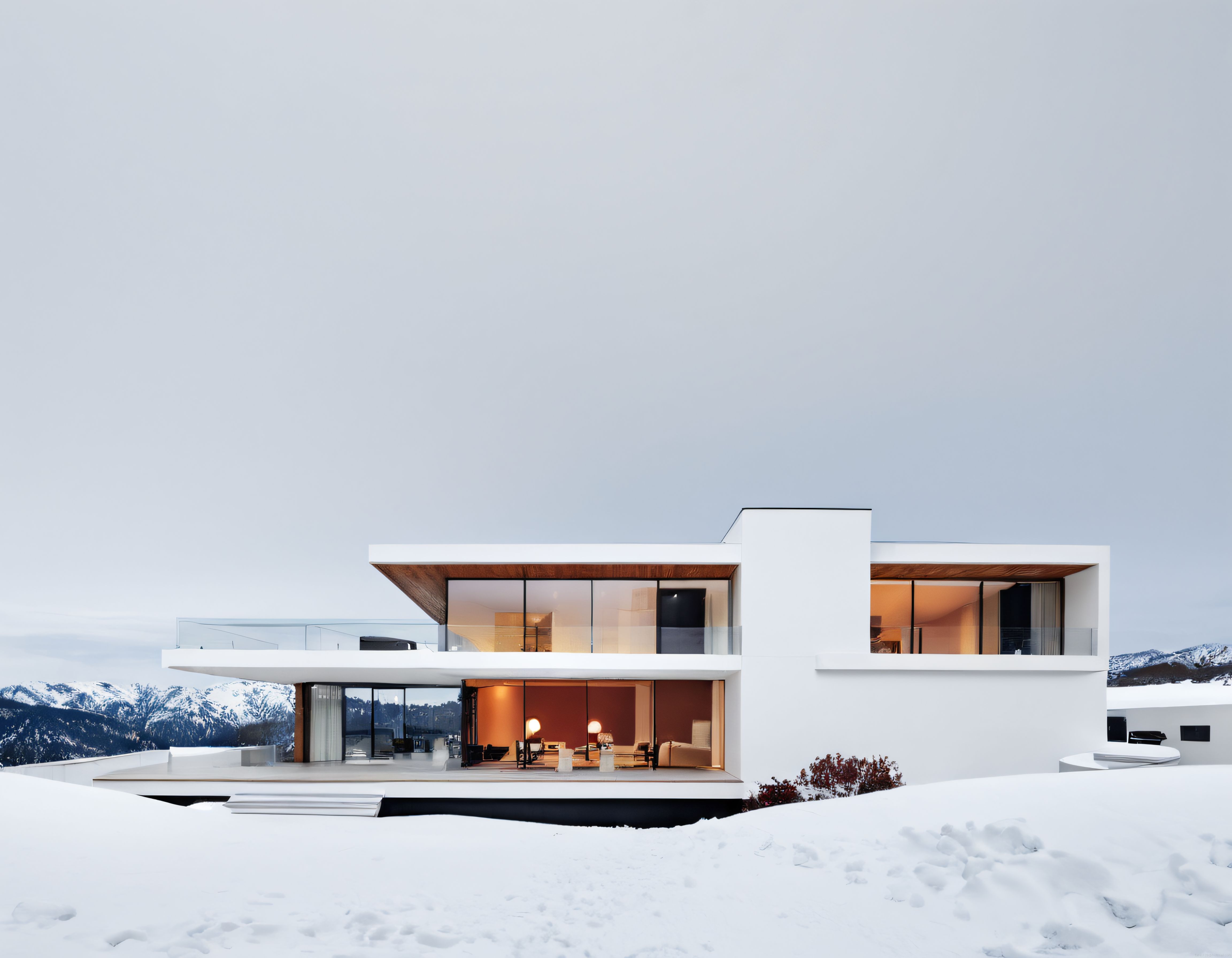 karlı dağ manzaralı minimalist bir villanın cam cephesi ve iç mekan sıcaklığı