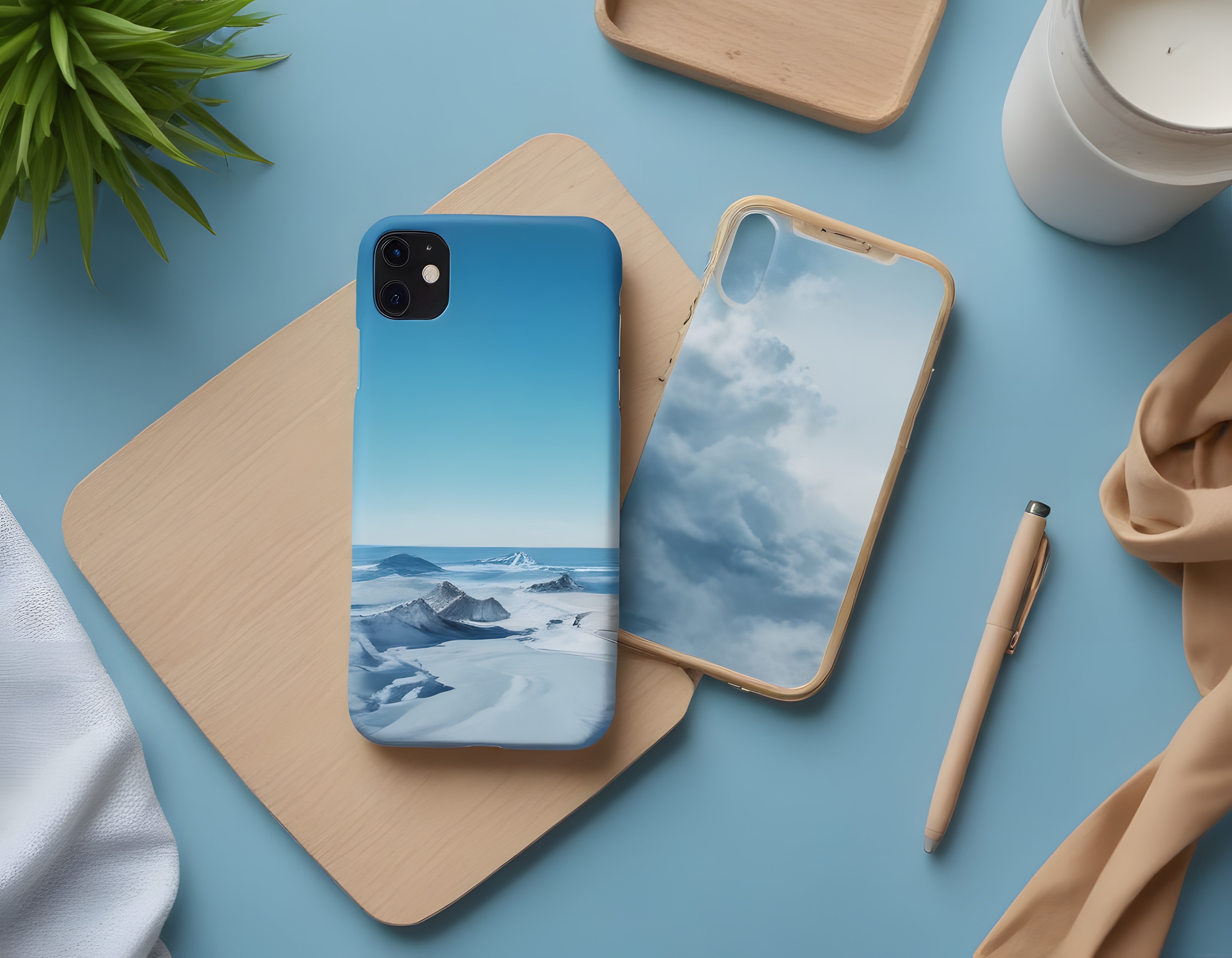 Karlı Dağ ve Gökyüzü Desenli Telefon Kılıfları ile Minimal Masa Düzeni