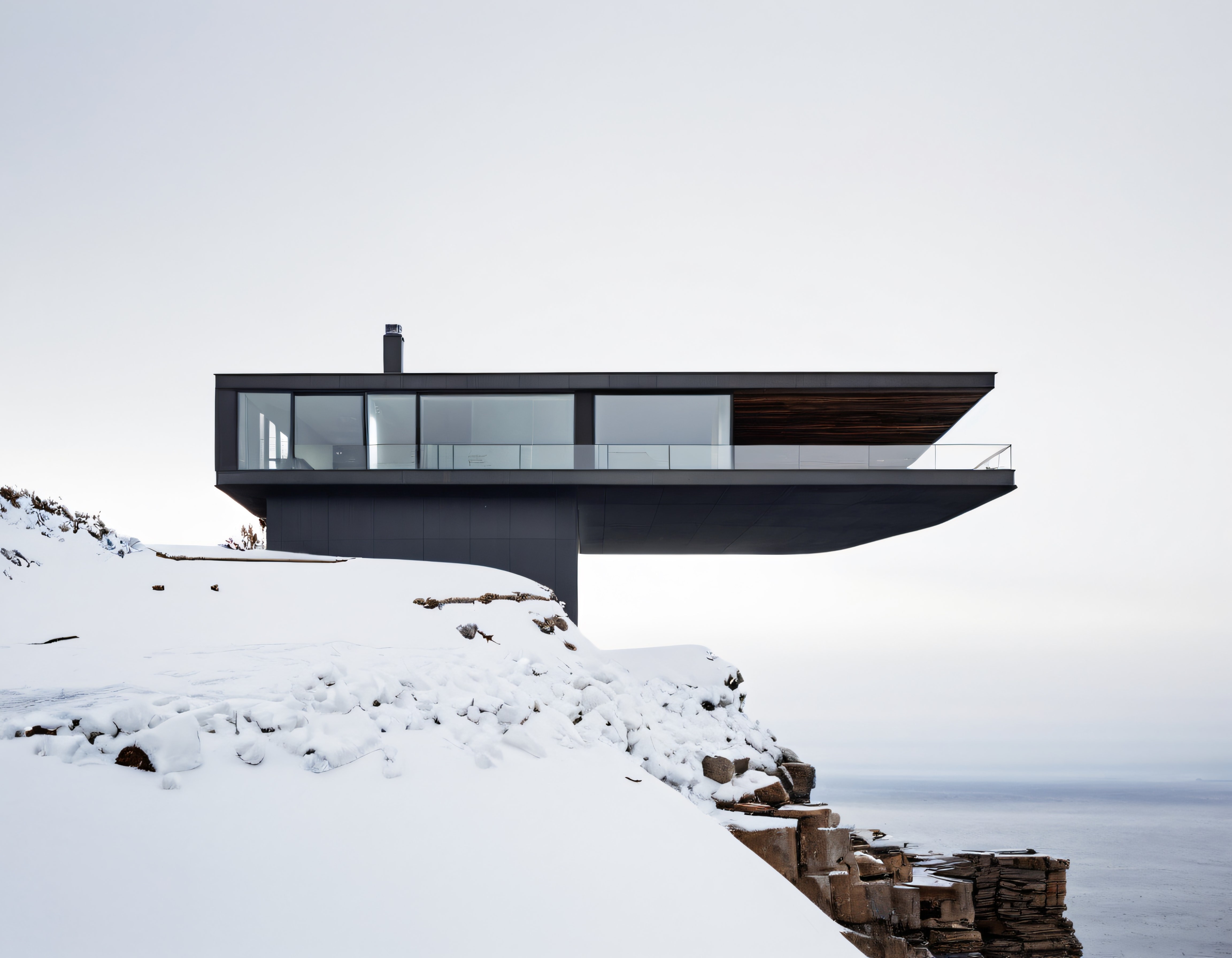 Karlı Dağın İzole Zirvesinde Asılı Duran Modern Minimalist Cam Ev