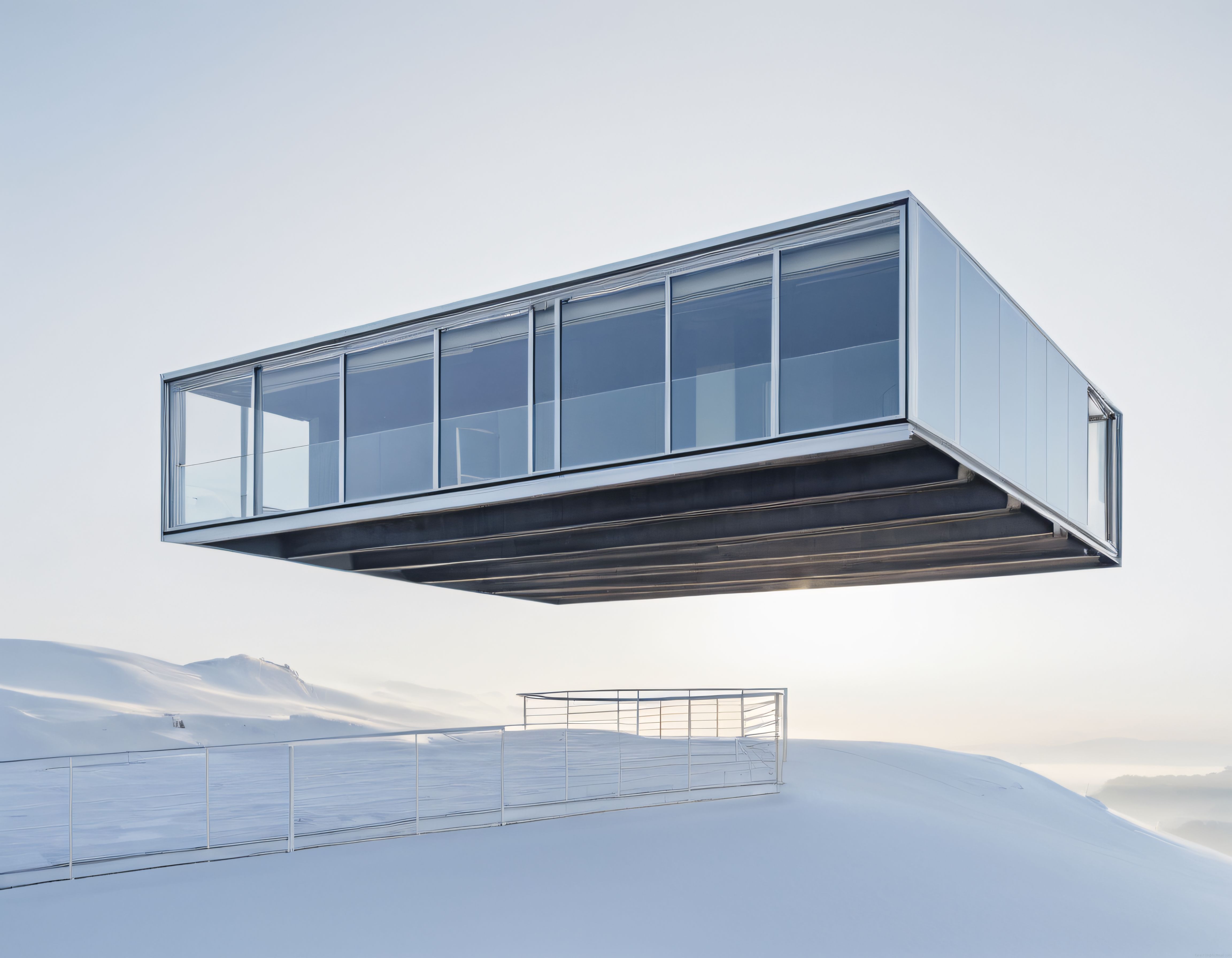 Karlı Dağın Zirvesinde Havada Süren Modern Cam Villa ve Manzara