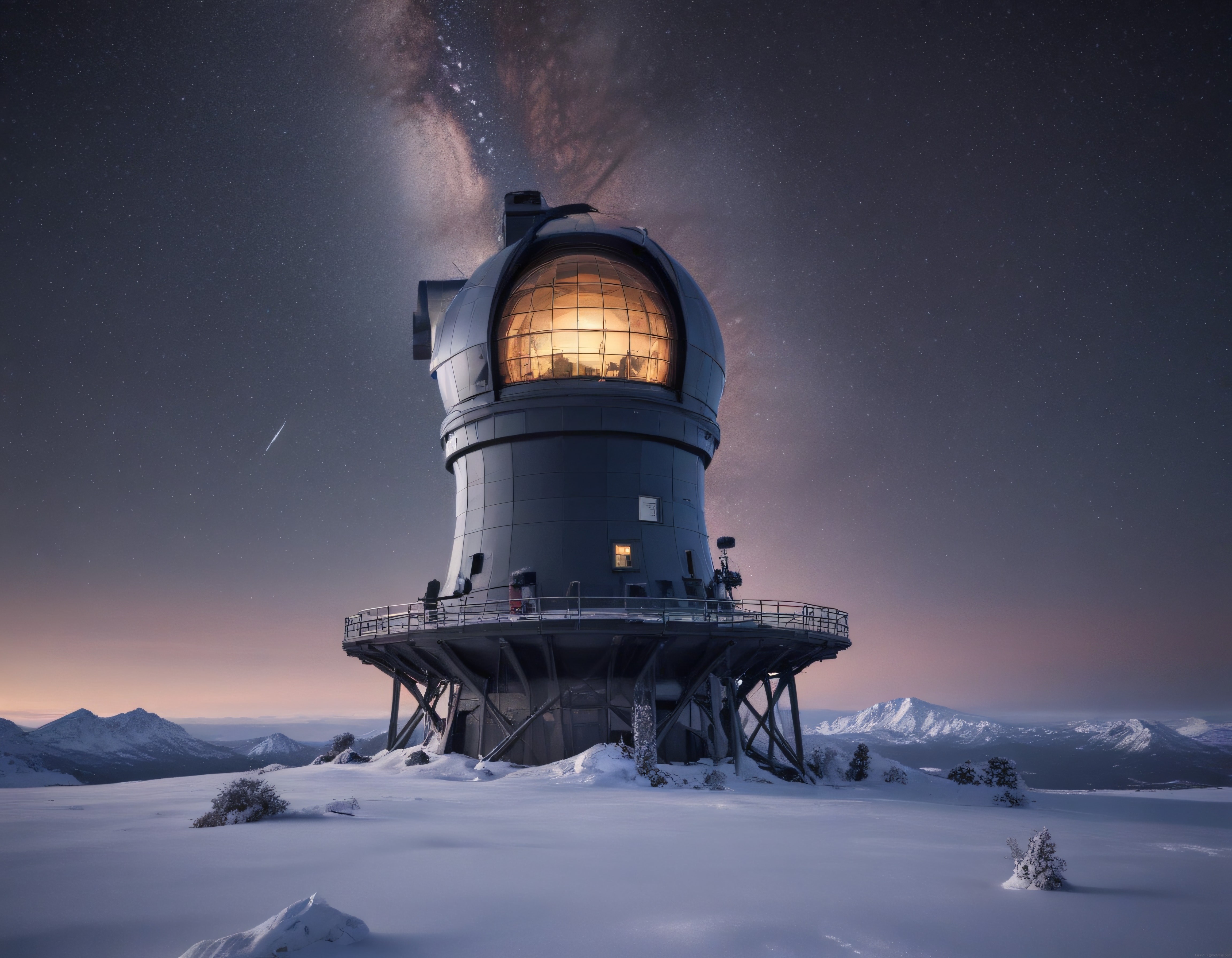Karlı Dağın Zirvesindeki Astronomi Gözlemevi ve Işıldayan Samanyolu Manzarası