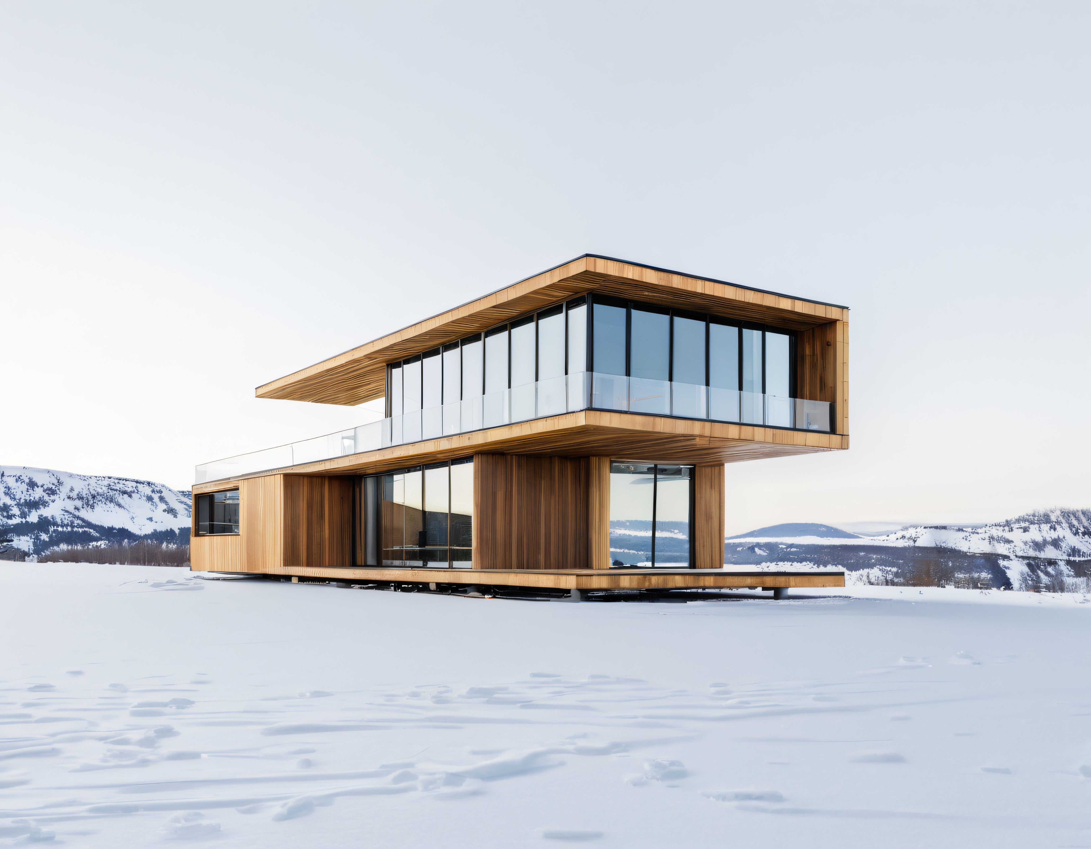 Karlı dağlar arasına gömülü modern ahşap ve cam minimalist villa tasarımı