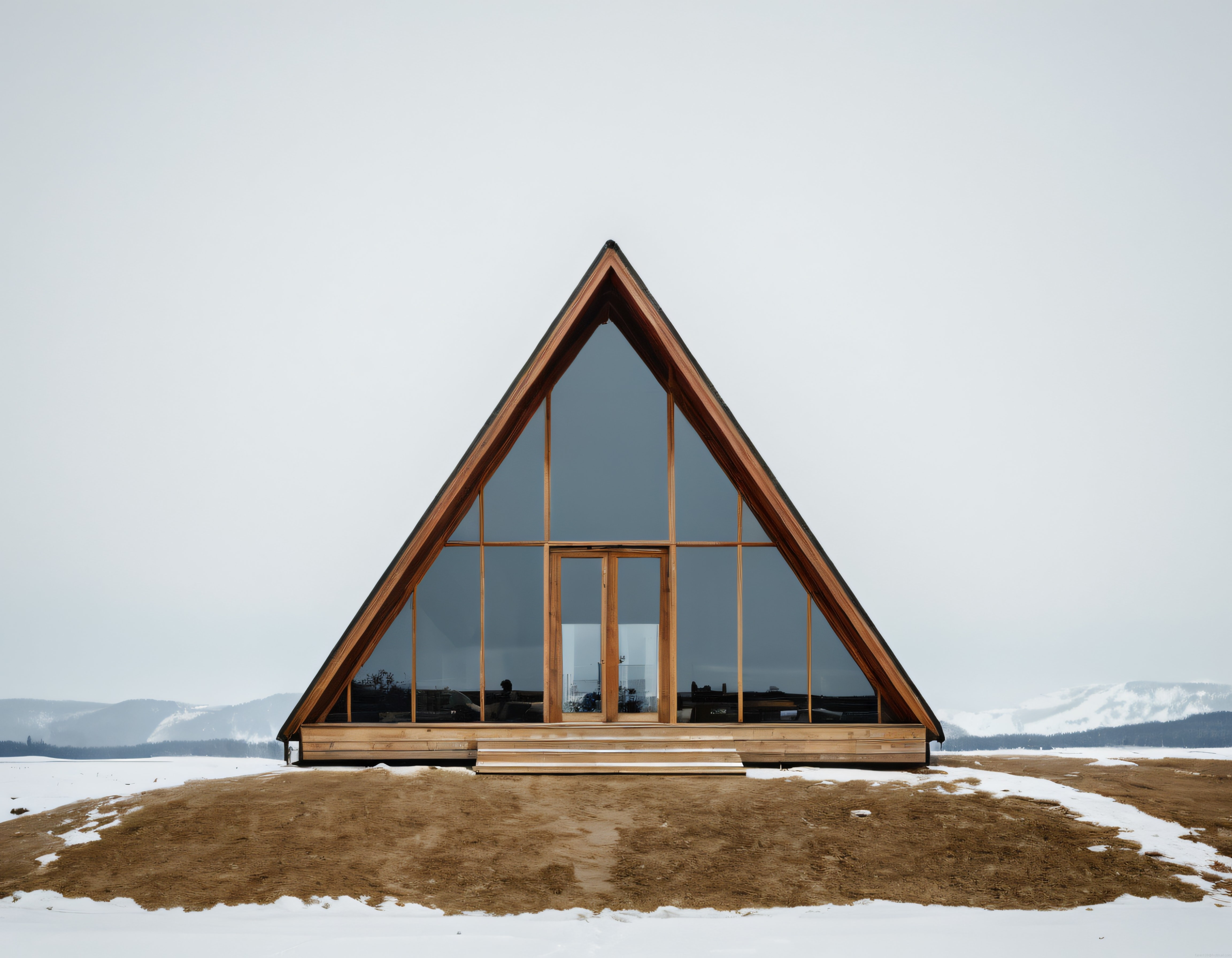 Karlı Dağlar Arasında Cam Cepheli Minimalist A-Frame Ahşap Kulübe