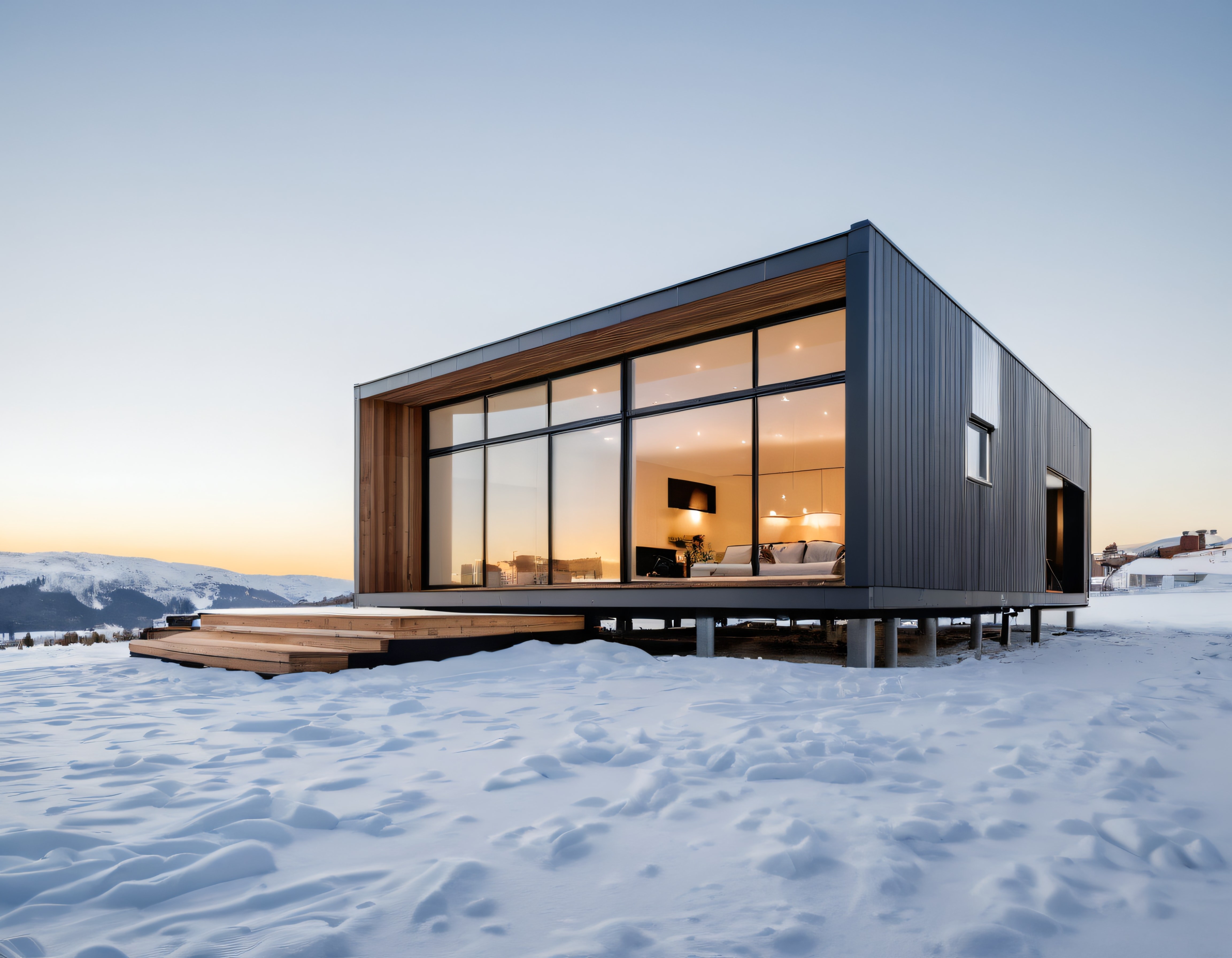 Karlı Dağlar Arasında Gün Batımında Işıldayan Modern ve Minimalist Cam Ev