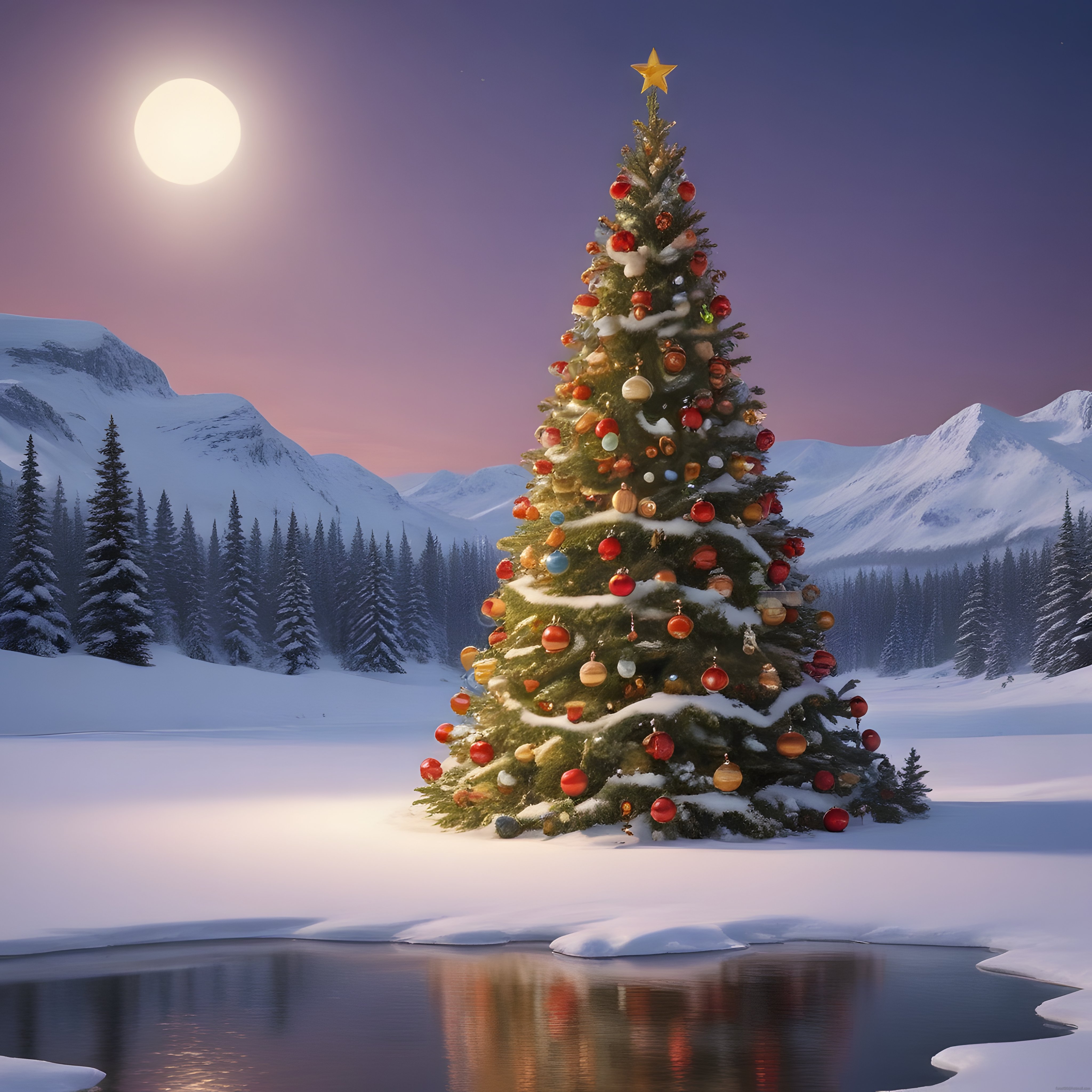 Karlı Dağlar Arasında Parlayan Süslenmiş Noel Ağacı ve Dolunay Manzarası