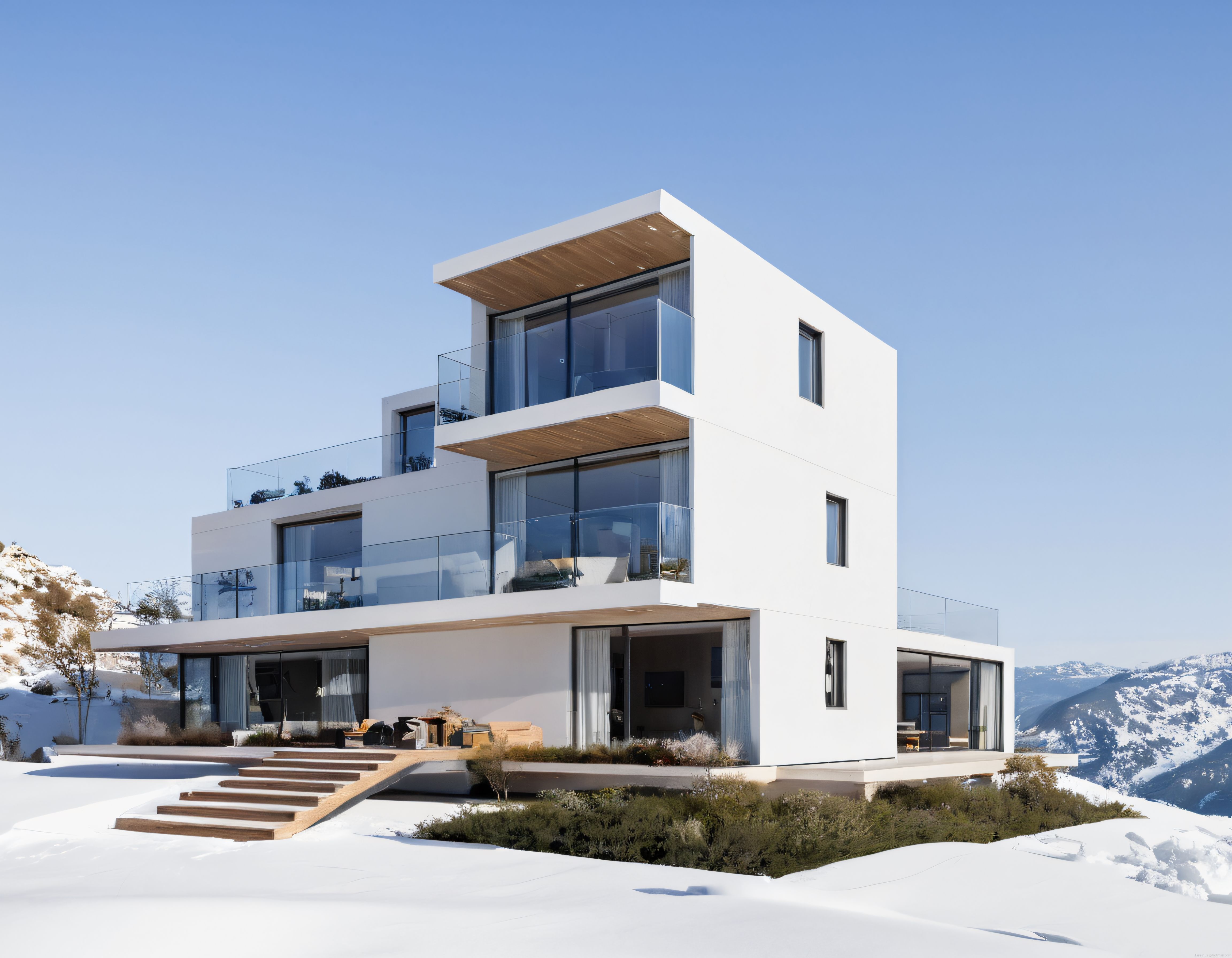 Karlı Dağlar Arasındaki Modern Beyaz Villa ve Çağdaş Mimari Detayları