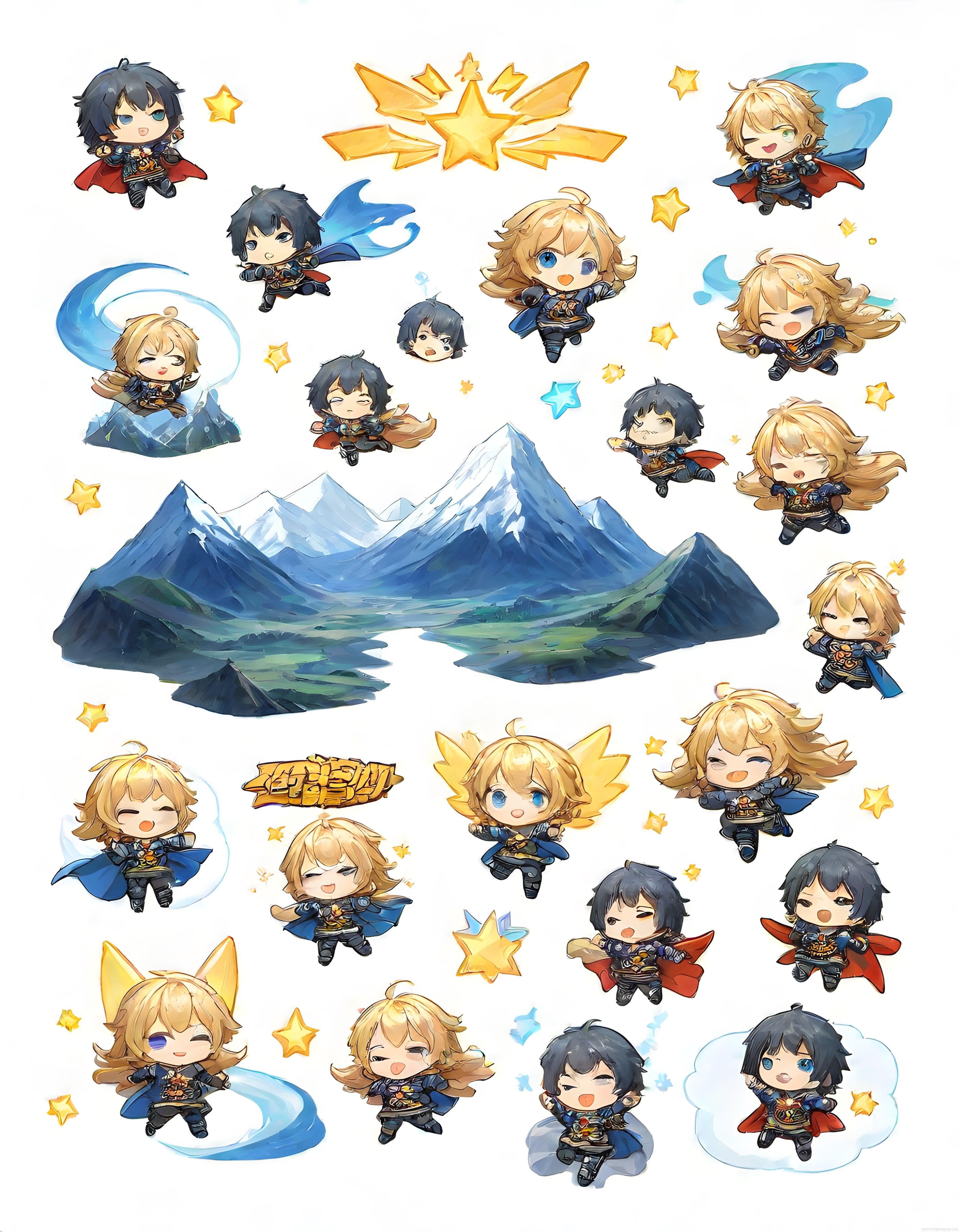 Karlı dağlar ve yıldızlar arasında uçan chibi anime karakterleri sticker seti
