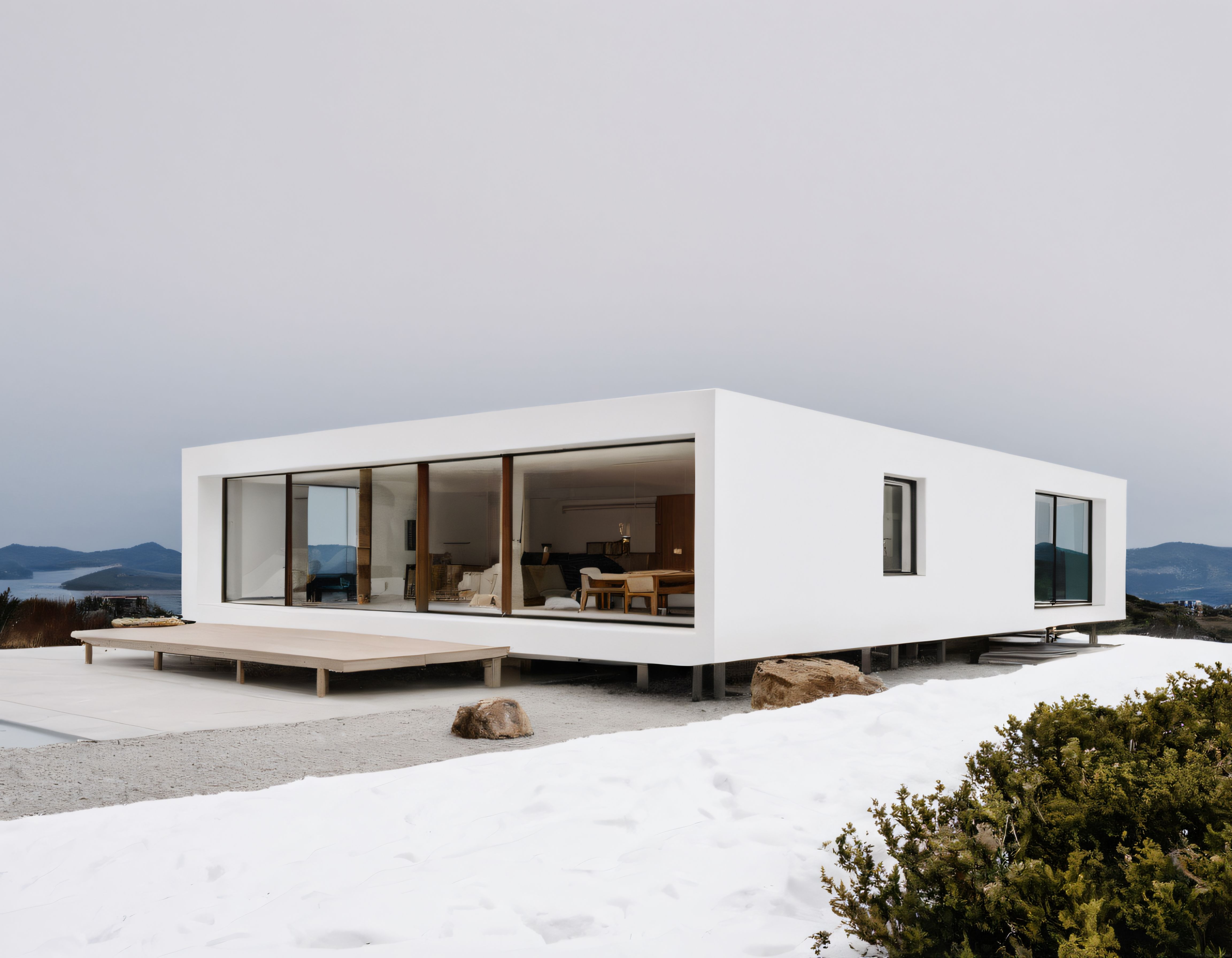 Karlı Dağlarda Cam Cepheli Minimalist Beyaz Villa ve Göl Manzarası