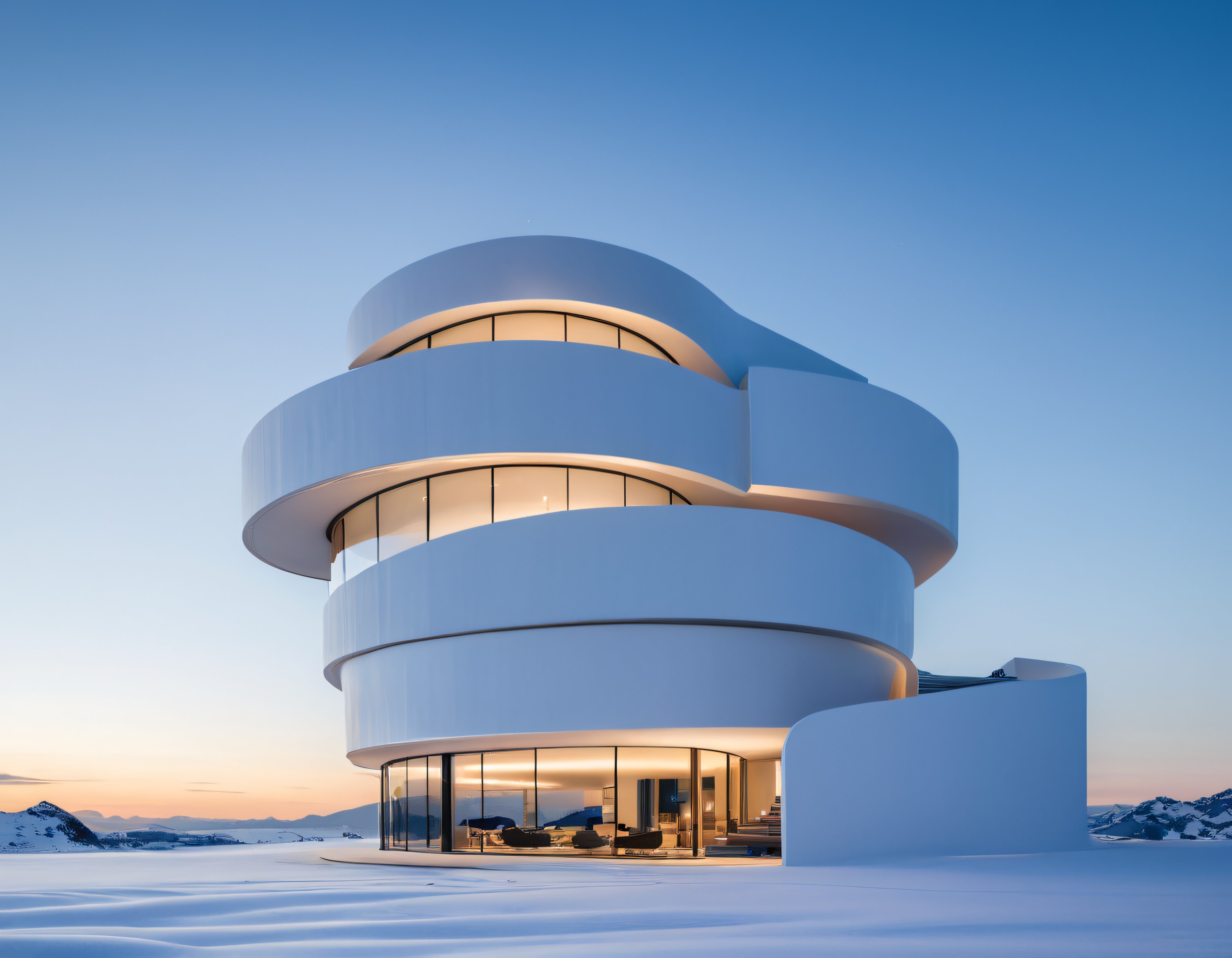 Karlı Dağlarda Fütüristik Beyaz Spiral Villa ve Gün Batımı Manzarası