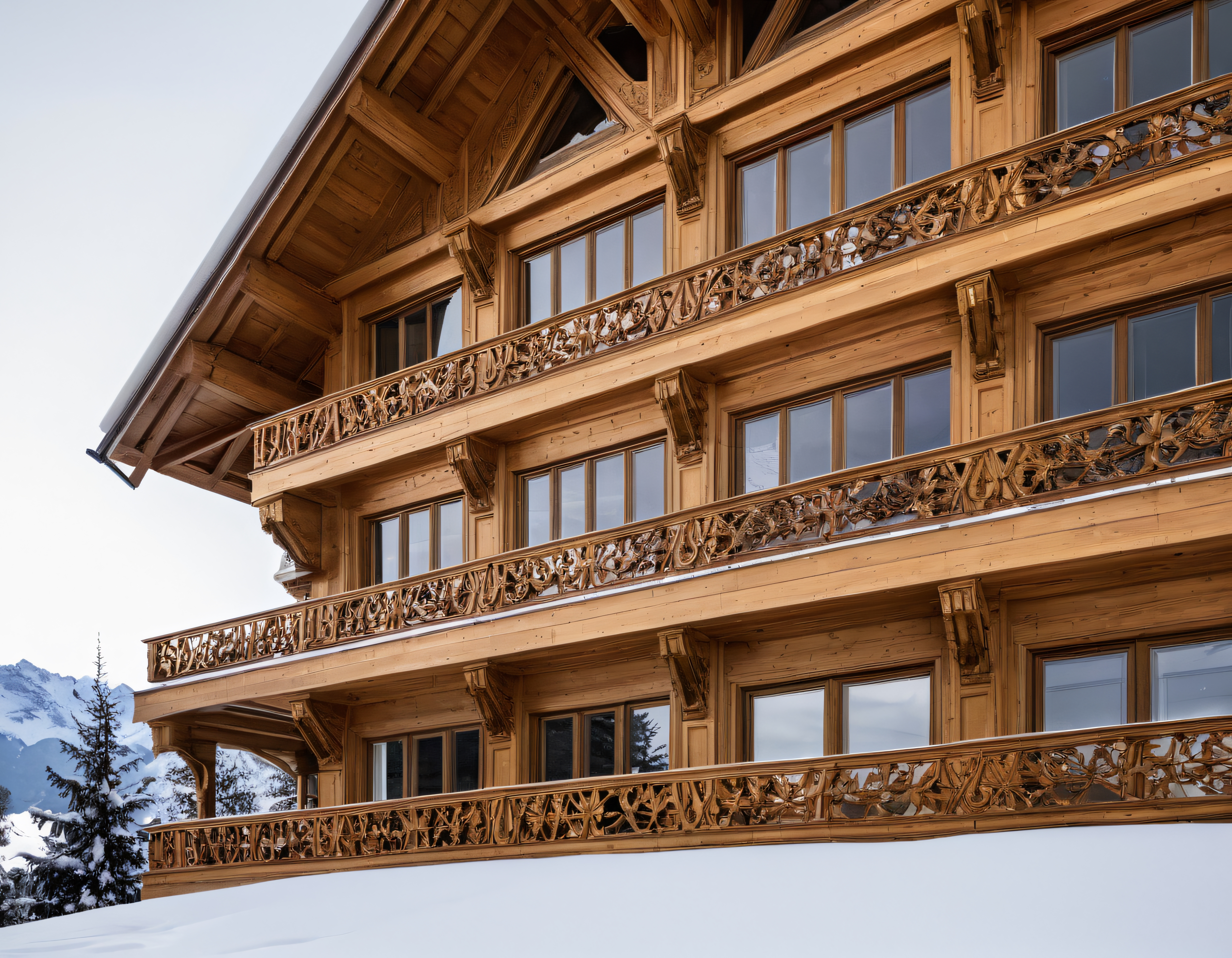 Karlı Dağlarda Geleneksel Tahta İşlemeli Alp Evi ve Ahşap Balkon Detayı