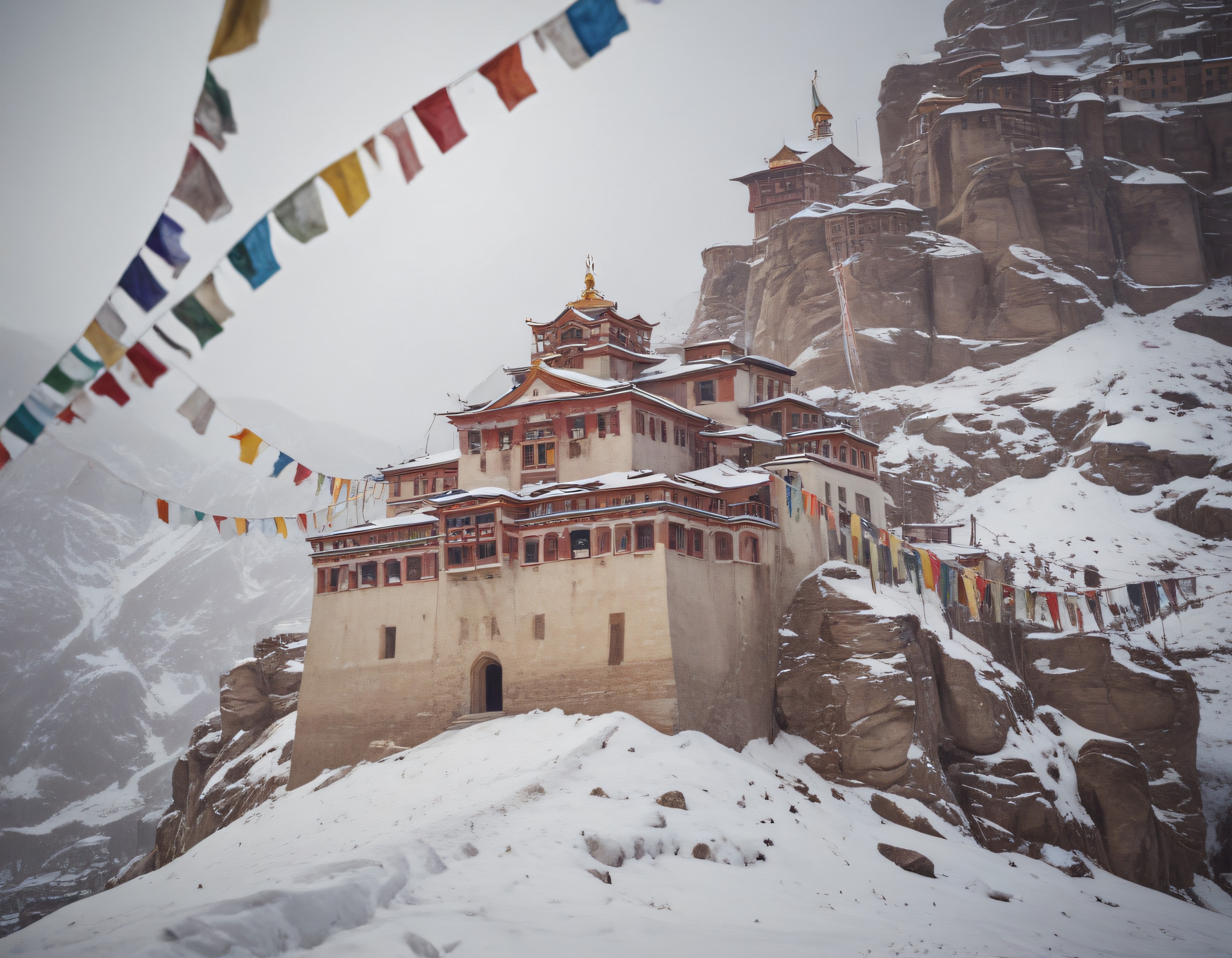 Karlı Dağlarda Gizemli Bir Vaha: Himalaya Manastırının Büyüleyici Kış Manzarası