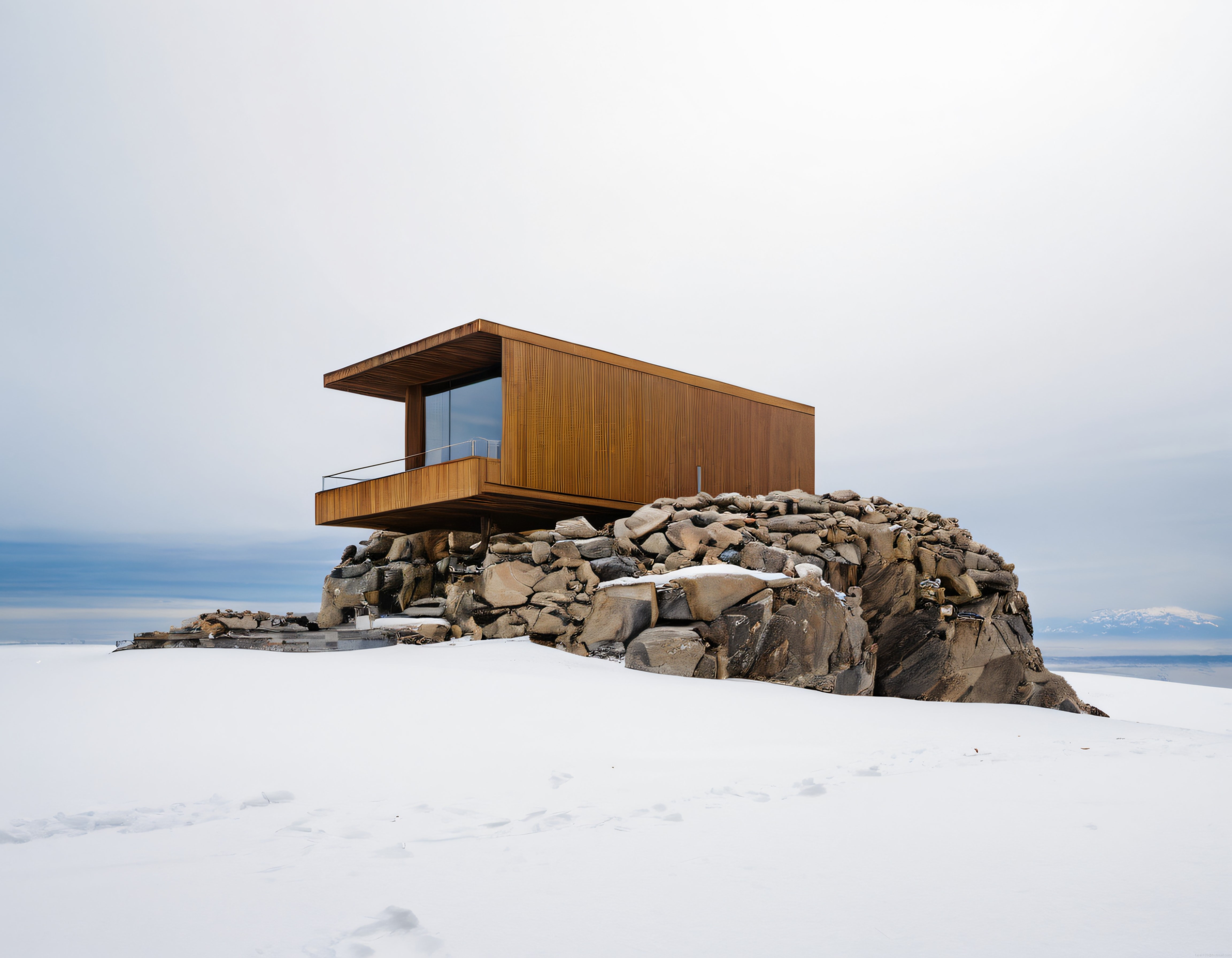 Karlı Dağlarda Kayalık Üzerinde Yükselen Modern Ahşap ve Camdan Minimalist Yapı